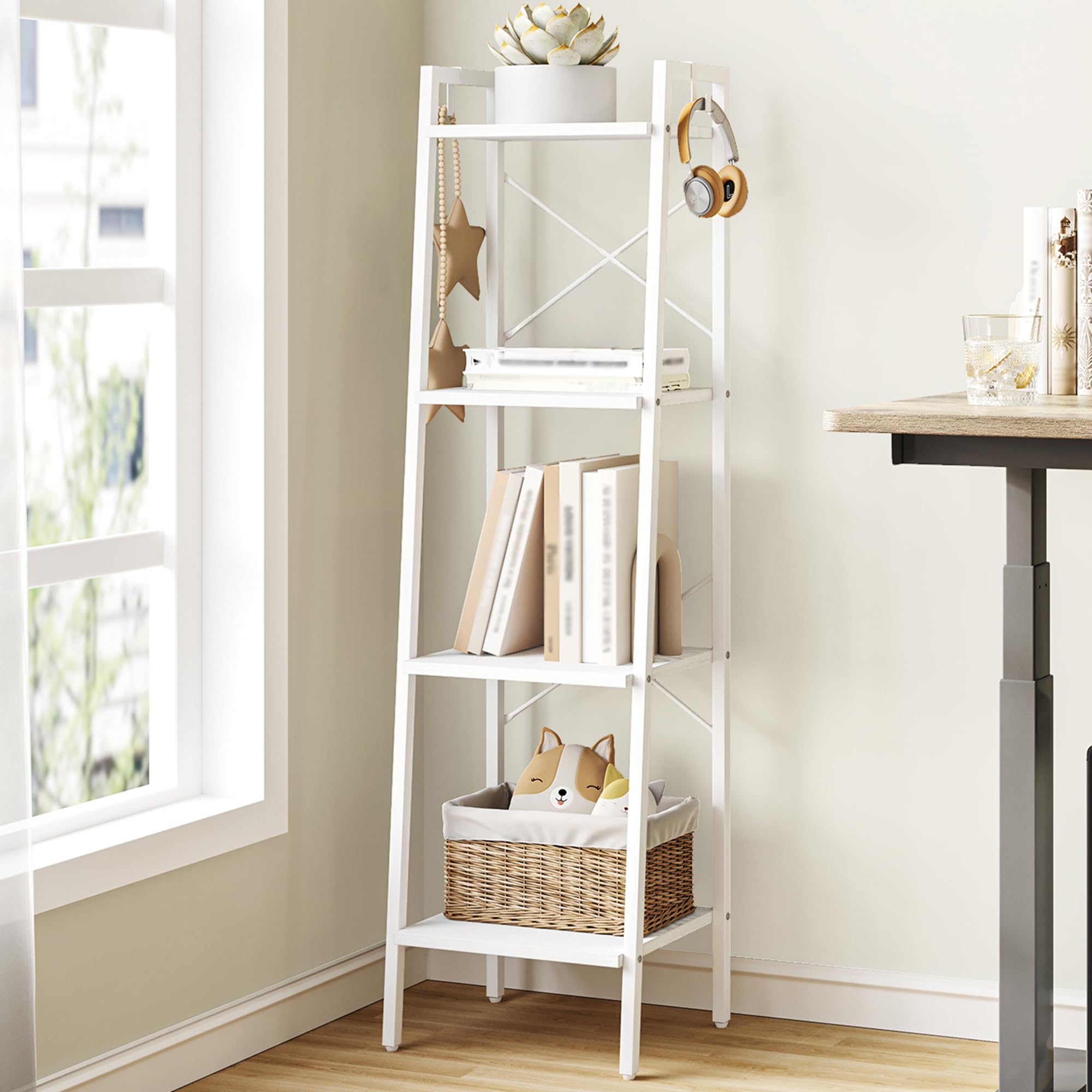 Hzuaneri Ladder Shelf, Bookshelf Bookcase, Freestanding Corner Storage Shelve with 2 Hooks for Home Office, Living Room, Kitchen, Bedroom, Industrial, 11.8" D x 13.4" W x 72.8" H,White Gold BC13313G