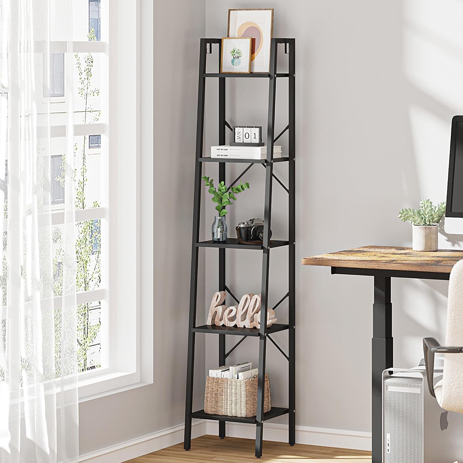 Hzuaneri Ladder Shelf, Bookshelf Bookcase, Freestanding Corner Storage Shelve with 2 Hooks for Home Office, Living Room, Kitchen, Bedroom, Industrial, 11.8" D x 13.4" W x 72.8" H,White Gold BC13313G
