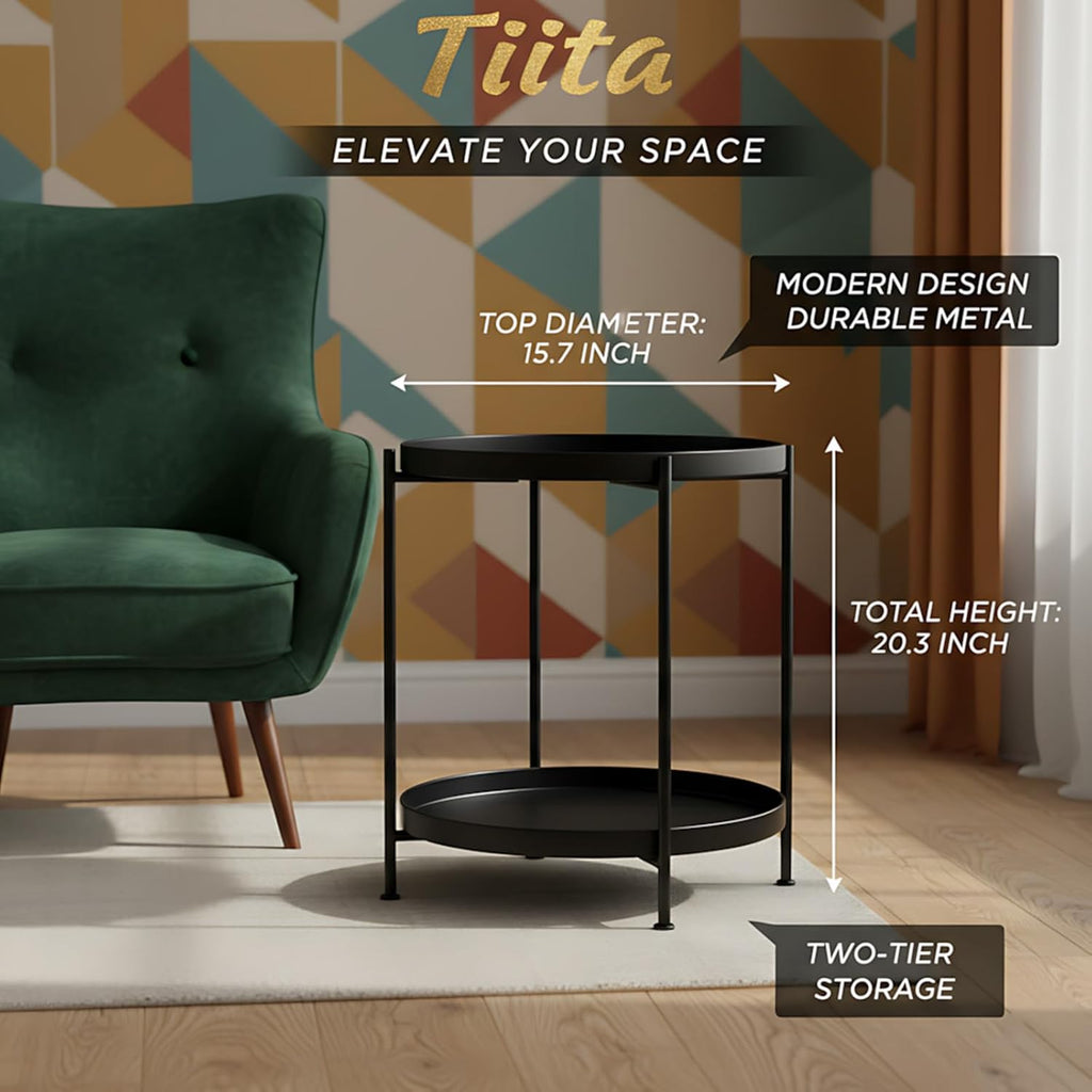 Tiita Round End Table Mental 2-Tier Side Table Nightstand/Small Iron Tables Accent Coffee Table for Living Room Bedroom Office Small Space
