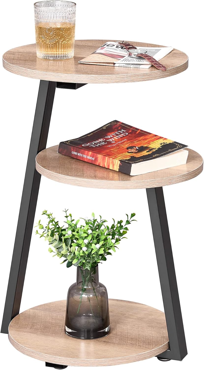 BEWISHOME Round End Table Side Table with Metal Frame, Accent Table Nightstand Bedside Table with 3-Tier Shelves, Small Couch Coffee Table for Living Room Bedroom Greige KTZ41G