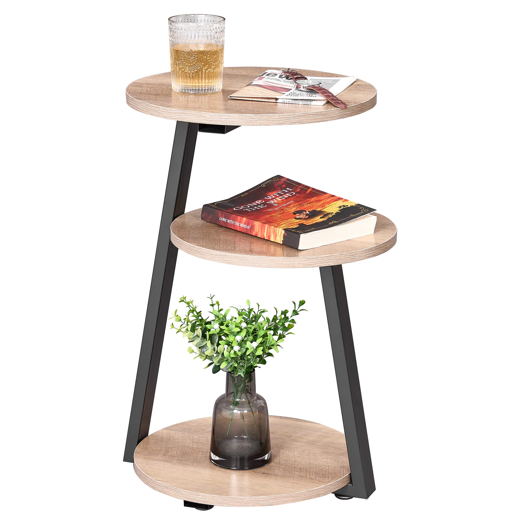 BEWISHOME Round End Table Side Table with Metal Frame, Accent Table Nightstand Bedside Table with 3-Tier Shelves, Small Couch Coffee Table for Living Room Bedroom Greige KTZ41G