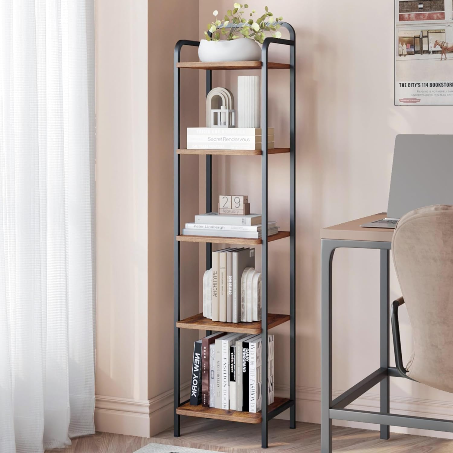 Hzuaneri Bookcase Bookshelf, Narrow Book Shelf, Industrial Corner Shelf Storage Organizer, Slim Shelving Unit for Home Office, Living Room, Bedroom, Kitchen, 6-Tier Black BC24604B
