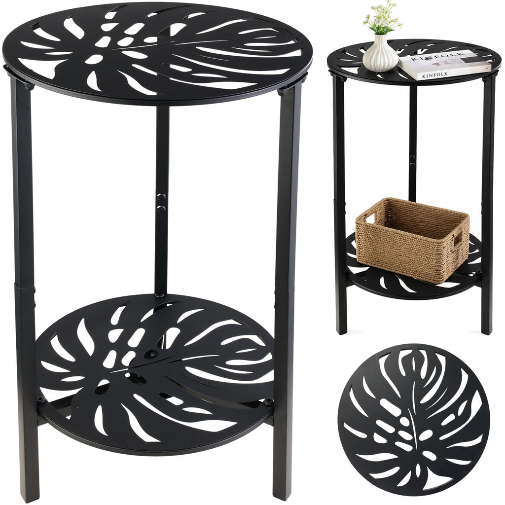2-Tier Metal Round Side Table Black Accent Coffee Tables Small Space Corner Plant Stand Shelf for Indoor Outdoor Use Patio Balcony End Table Laser-Cut Floral Pattern Weather-Resistant