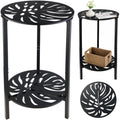 2-Tier Metal Round Side Table Black Accent Coffee Tables Small Space Corner Plant Stand Shelf for Indoor Outdoor Use Patio Balcony End Table Laser-Cut Floral Pattern Weather-Resistant