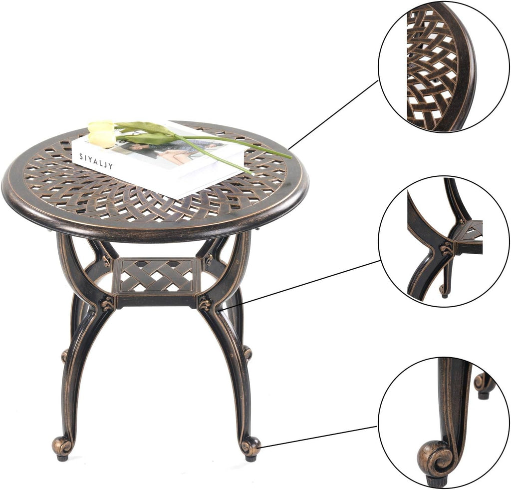 Mandolin Outdoor Patio,Rust -Resistant Cast Aluminum Side Table,Weather Resistant End Table，Coffee Table， Perfect for Patio, Backyard Or Garden. (Aluminum Round, Copper)