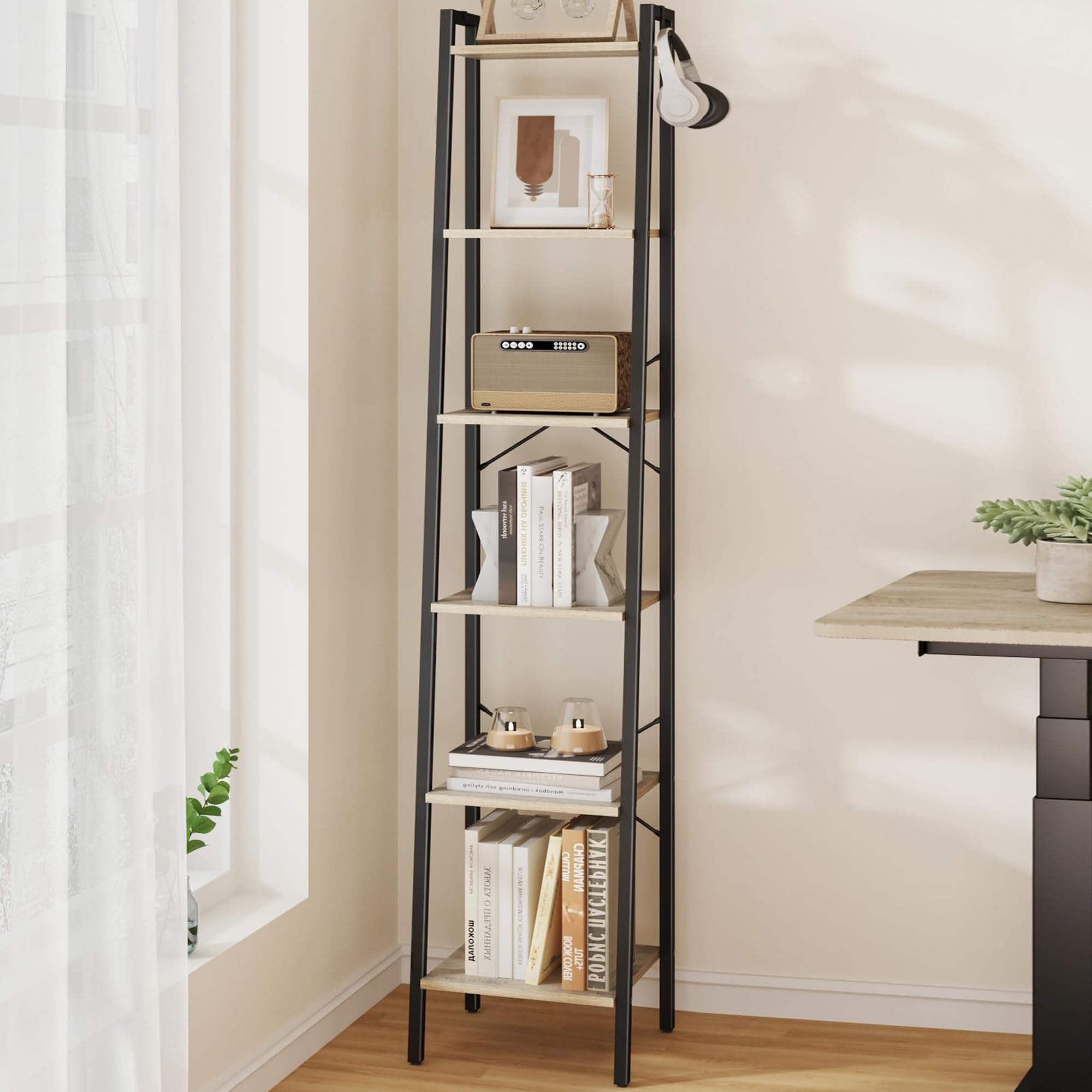Hzuaneri Ladder Shelf, Bookshelf Bookcase, Freestanding Corner Storage Shelve with 2 Hooks for Home Office, Living Room, Kitchen, Bedroom, Industrial, 11.8" D x 13.4" W x 72.8" H,White Gold BC13313G