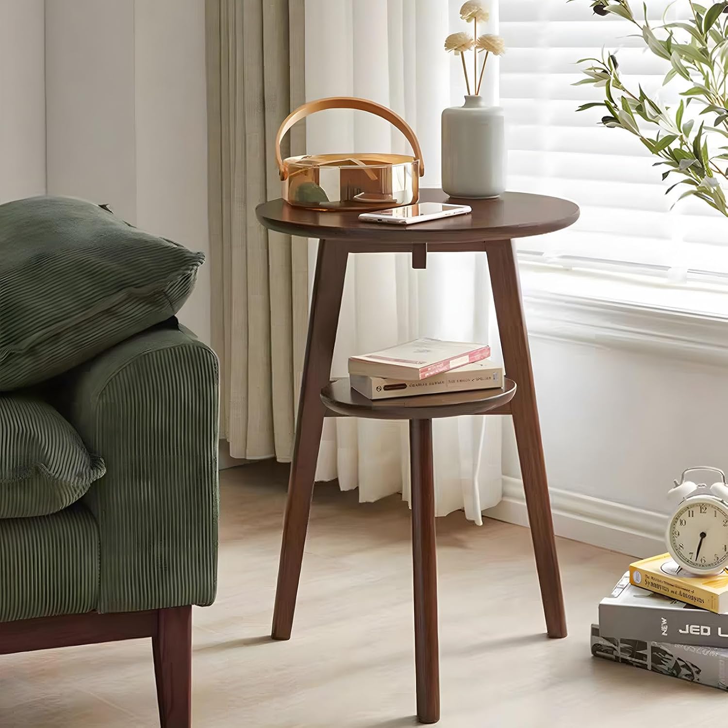 Side Table, Small Round End Table with 2-Tier Shelf, Solid Wood Nightstand for Small Spaces, Mid Century Modern Accent Table for Living Room Bedroom, Walnut