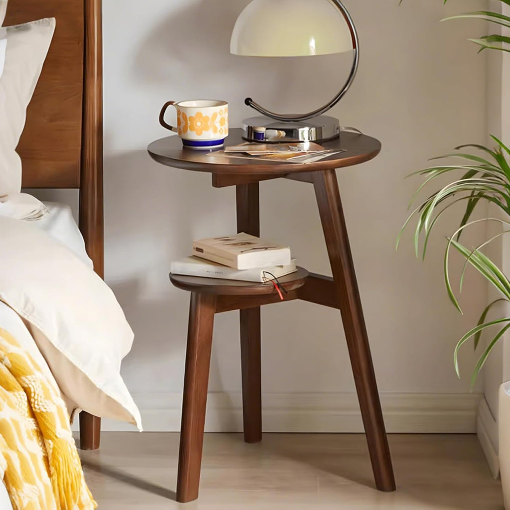 Side Table, Small Round End Table with 2-Tier Shelf, Solid Wood Nightstand for Small Spaces, Mid Century Modern Accent Table for Living Room Bedroom, Walnut