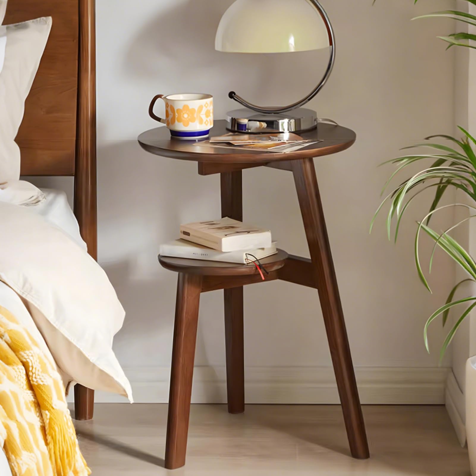 Side Table, Small Round End Table with 2-Tier Shelf, Solid Wood Nightstand for Small Spaces, Mid Century Modern Accent Table for Living Room Bedroom, Walnut