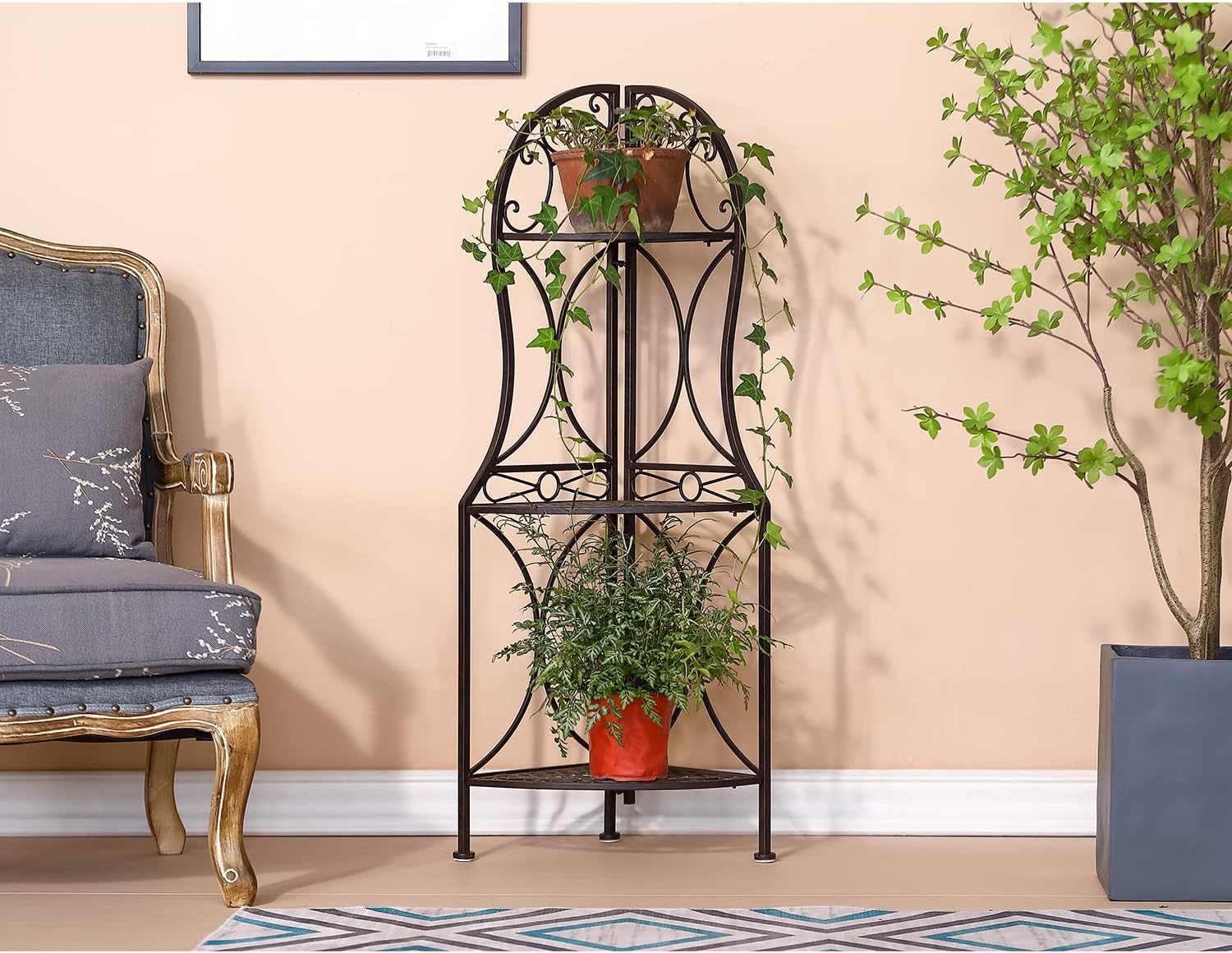 3 Tier Metal Corner Shelf Stand for Kitchen Free Standing Corner Shelf, Bakers Rack, Antique Bronze