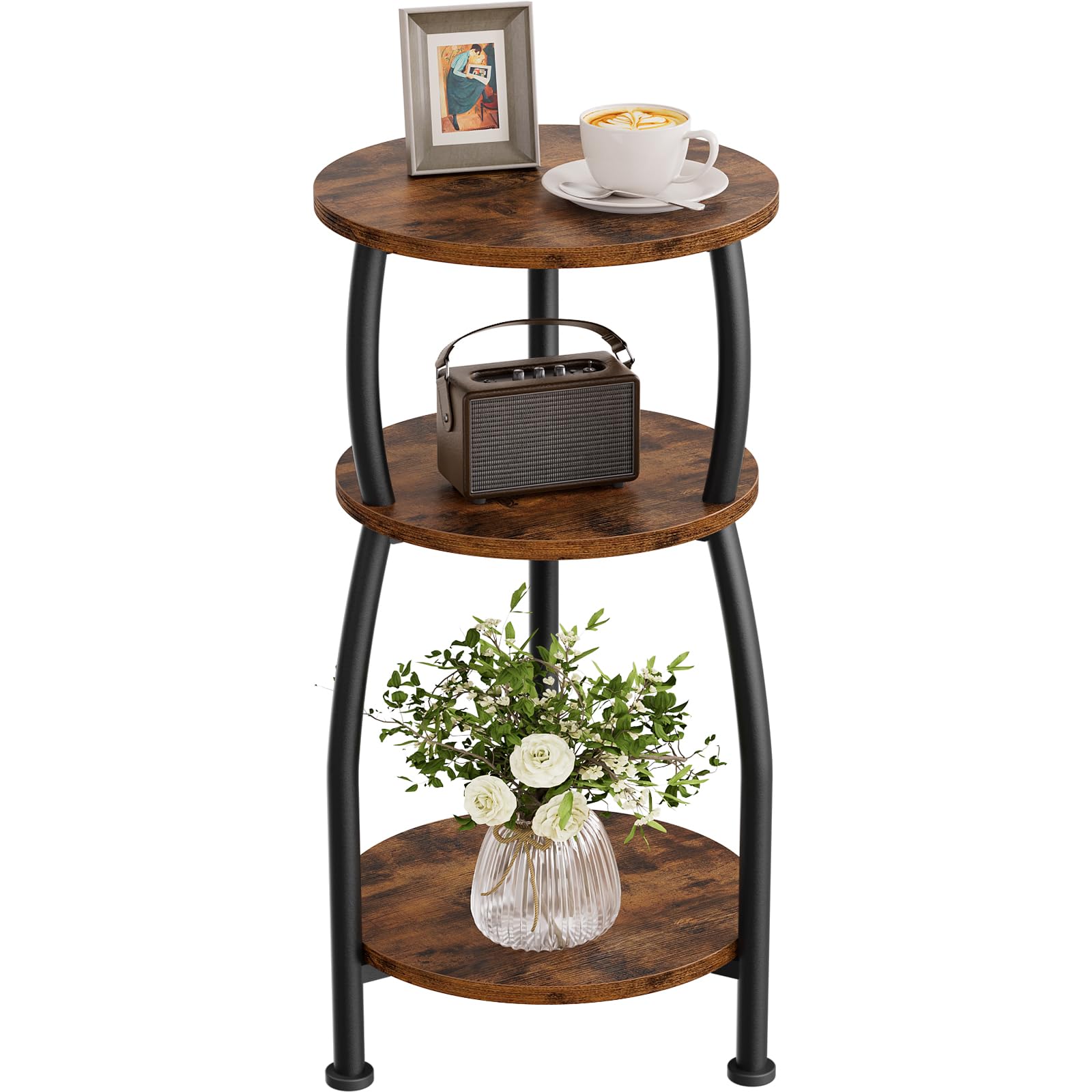 Small Round Side Table, 3-Tier End Table with Storage Shelf, Slim Sofa Table Coffee Table, Sturdy & Easy Assemble Nightstand for Small Spaces, Living Room Bedroom Corner, Grey