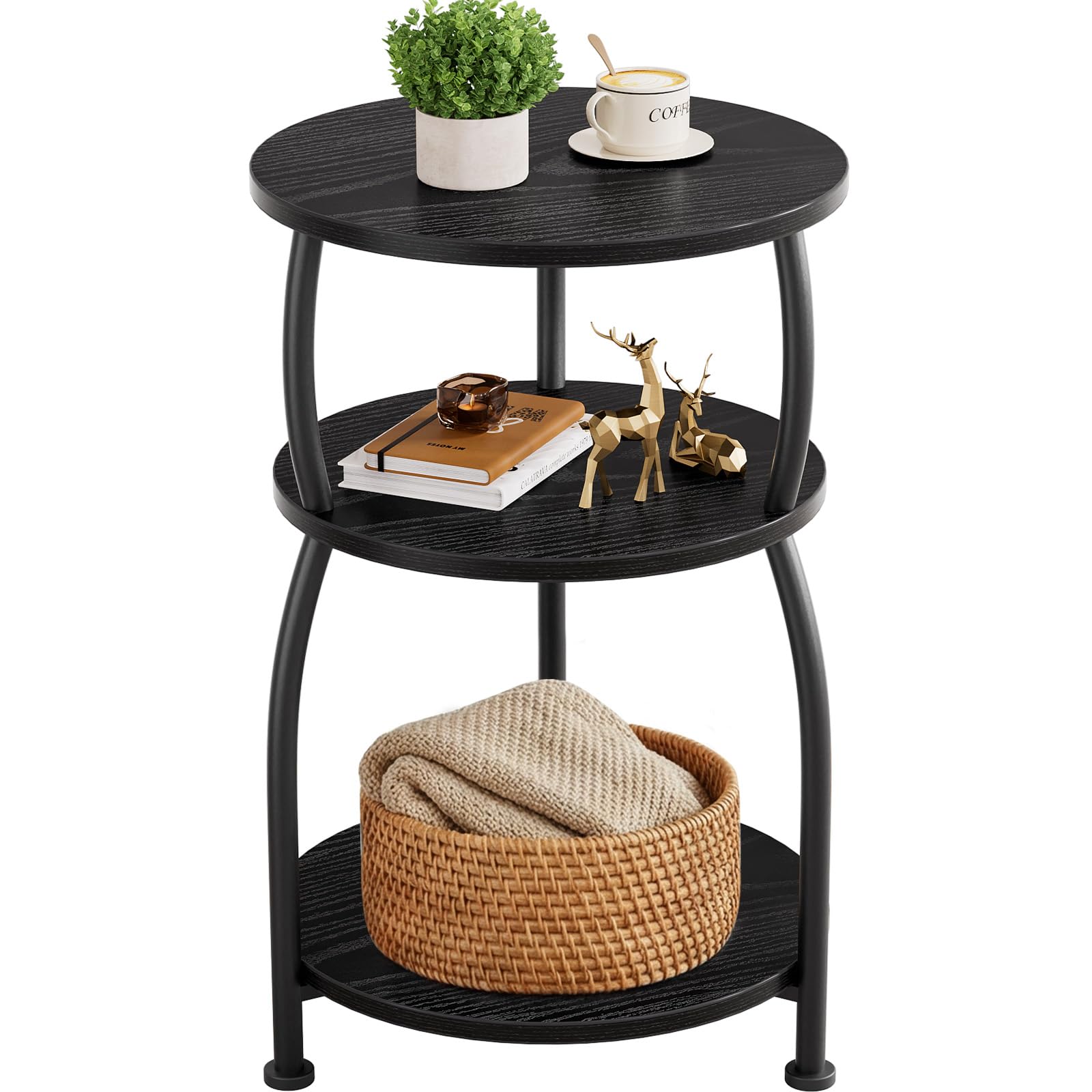 Small Round Side Table, 3-Tier End Table with Storage Shelf, Slim Sofa Table Coffee Table, Sturdy & Easy Assemble Nightstand for Small Spaces, Living Room Bedroom Corner, Grey