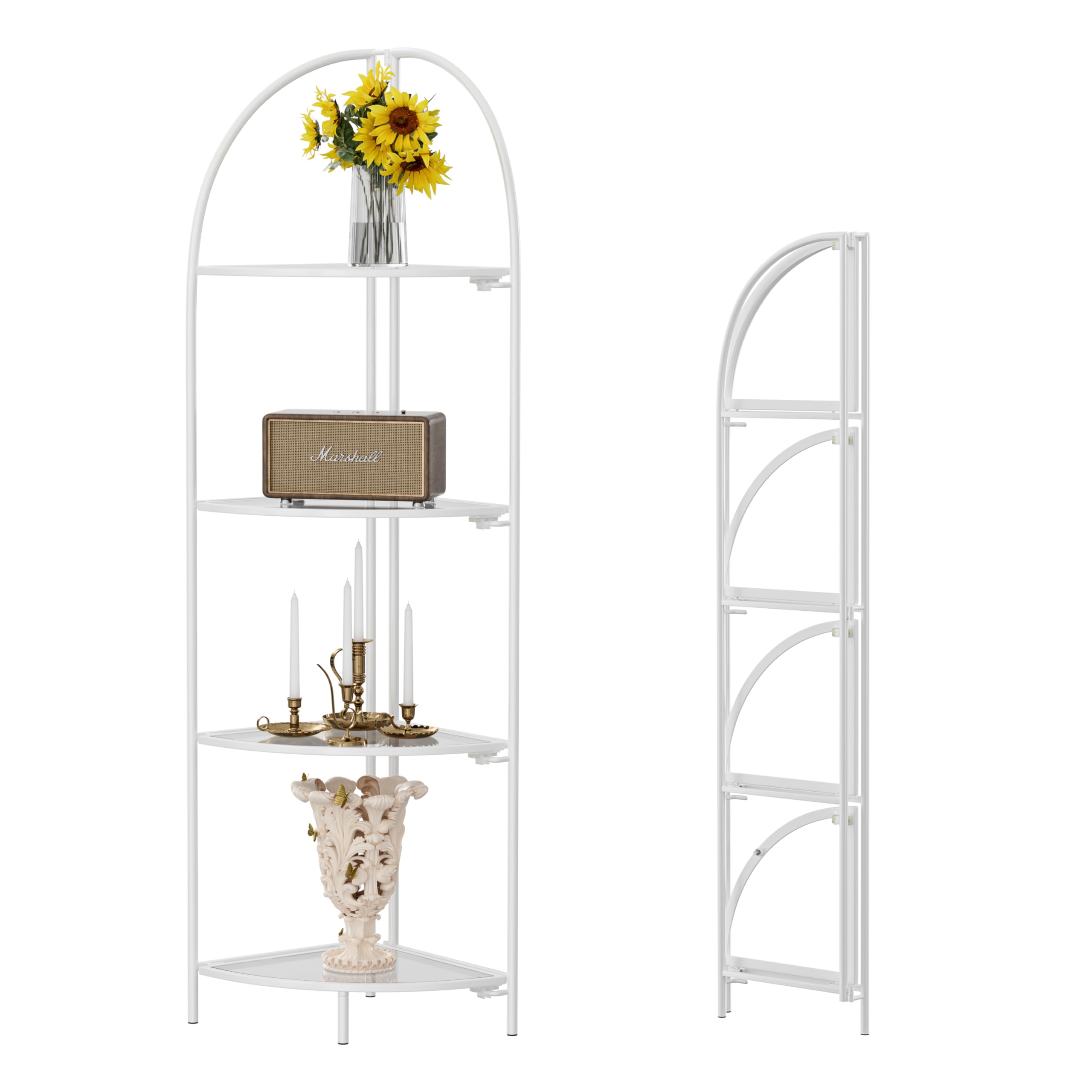 Crofy Foldable 5 Tier Corner Shelf, Metal Corner Plant Stand with Gold Frame and Transparent Shelves, Corner Display Rack Multipurpose Shelving Unit for Living Room, Bedroom, Bathroom