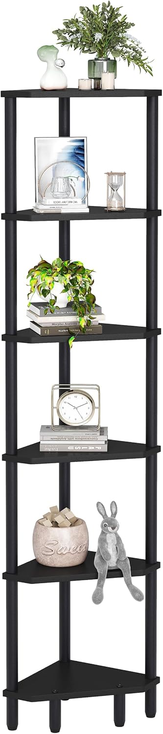 6-Tier Black Corner Shelf, Tall Display Bookshelf & Plant Stand