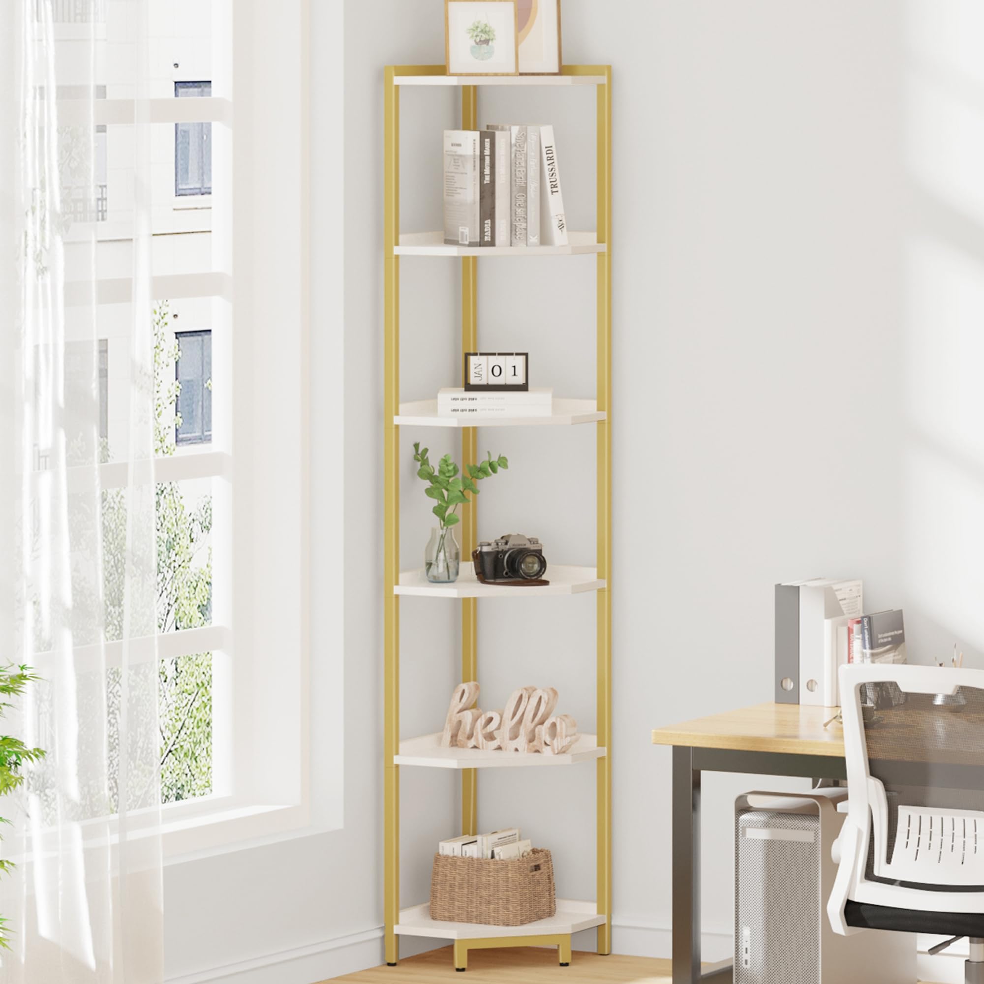 Hzuaneri Corner Shelf Stand, Corner Bookshelf, Storage Standing Shelf Unit with Metal Frame, Plant Stand, Bookcase for Living Room, Home Office, Bedroom, 6-Tier Rustic Brown CS06001B