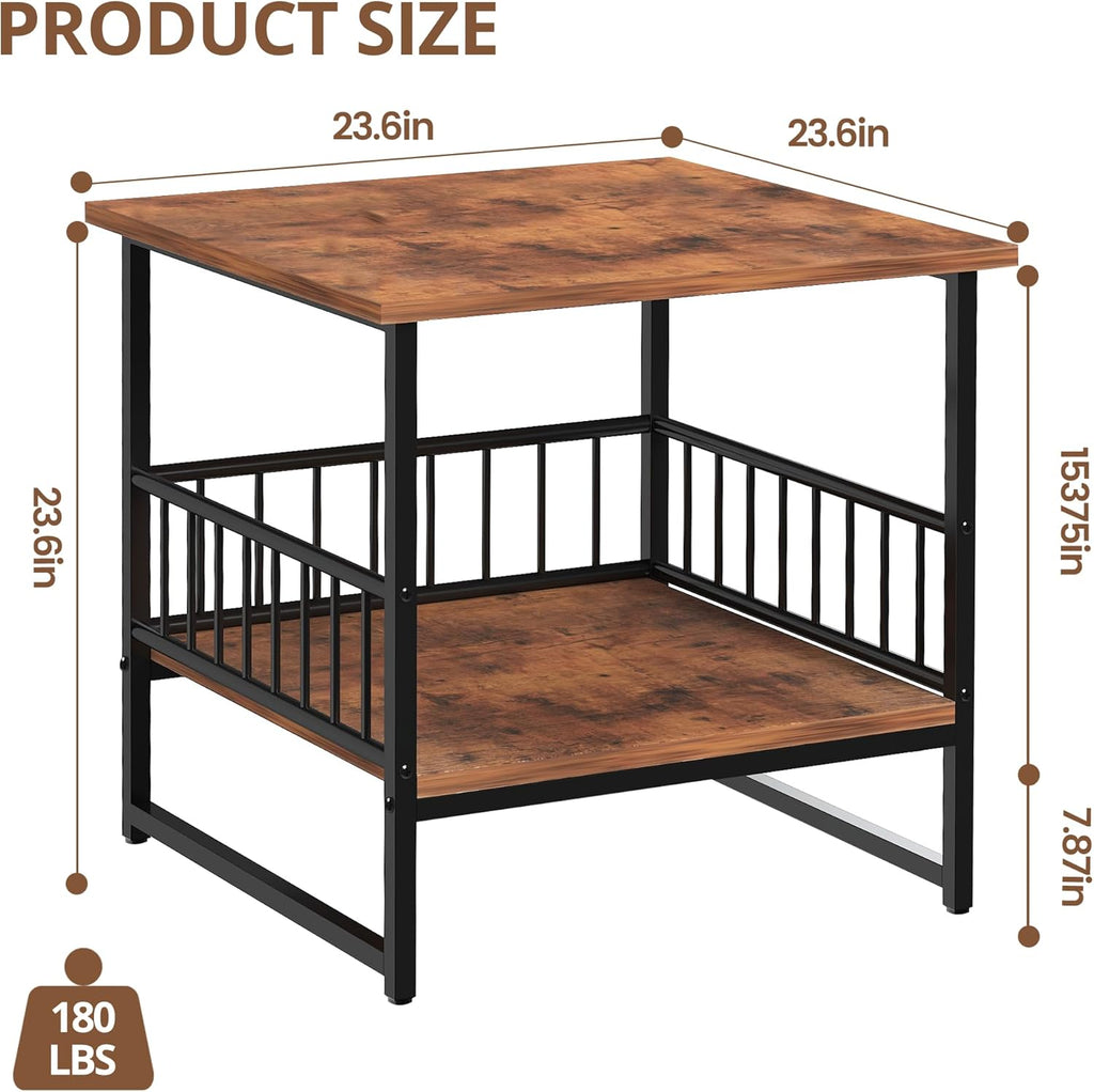 EazeHome End Table 24" for Living Room, Large Square Side Table with 2-Tier Storage, Rustic Brown Tall Industrial Night Stand for Bedroom, Rustic Brown