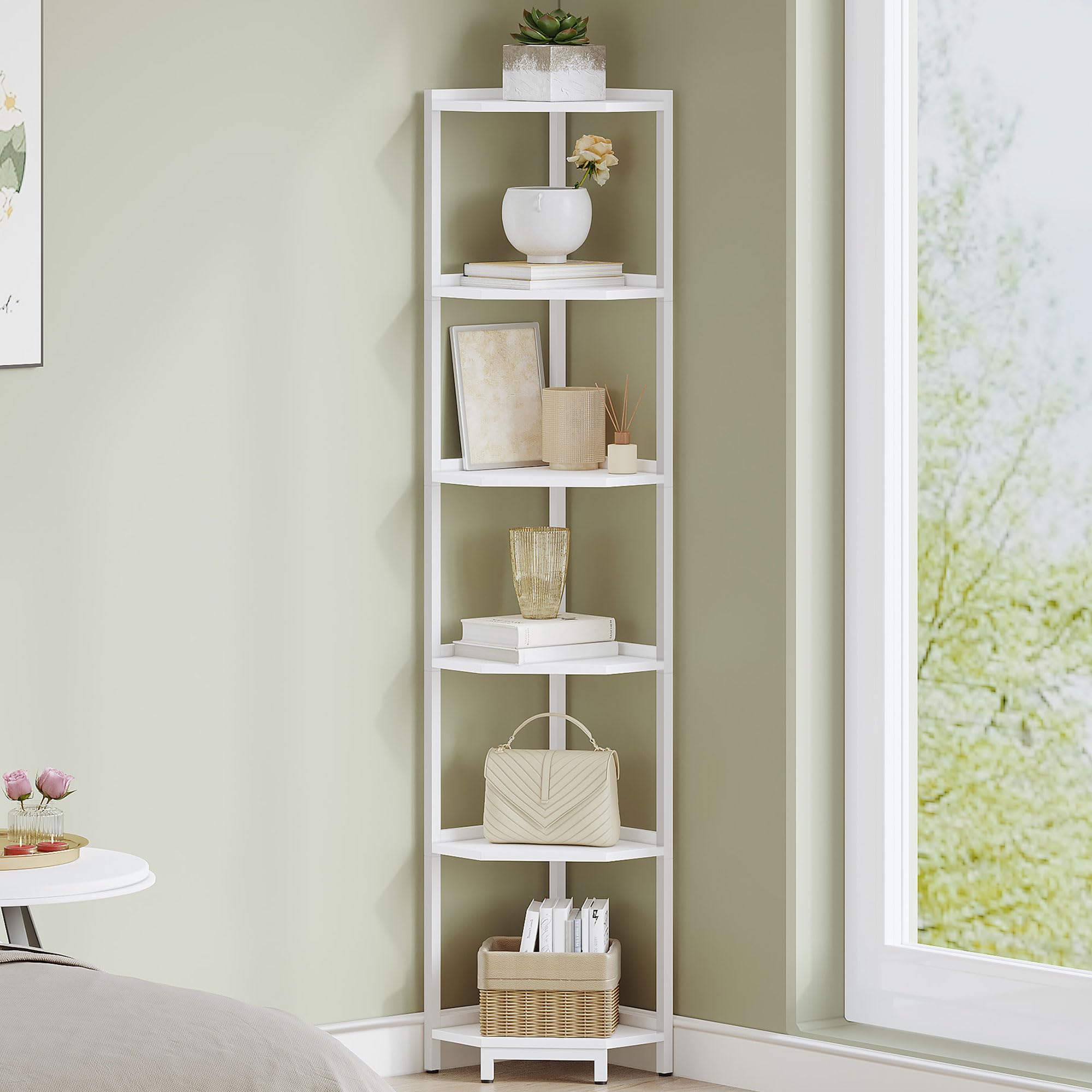 Hzuaneri Corner Shelf Stand, Corner Bookshelf, Storage Standing Shelf Unit with Metal Frame, Plant Stand, Bookcase for Living Room, Home Office, Bedroom, 6-Tier Rustic Brown CS06001B