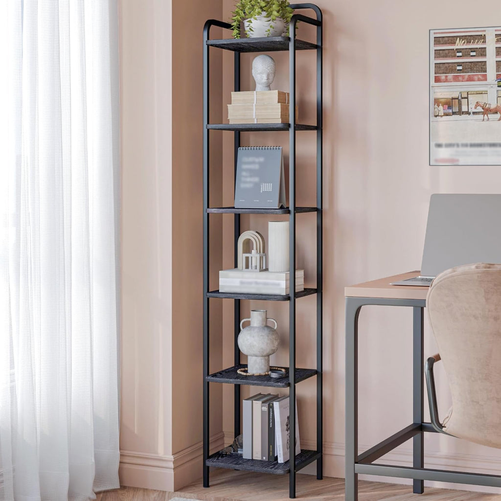 Hzuaneri Bookcase Bookshelf, Narrow Book Shelf, Industrial Corner Shelf Storage Organizer, Slim Shelving Unit for Home Office, Living Room, Bedroom, Kitchen, 6-Tier Black BC24604B