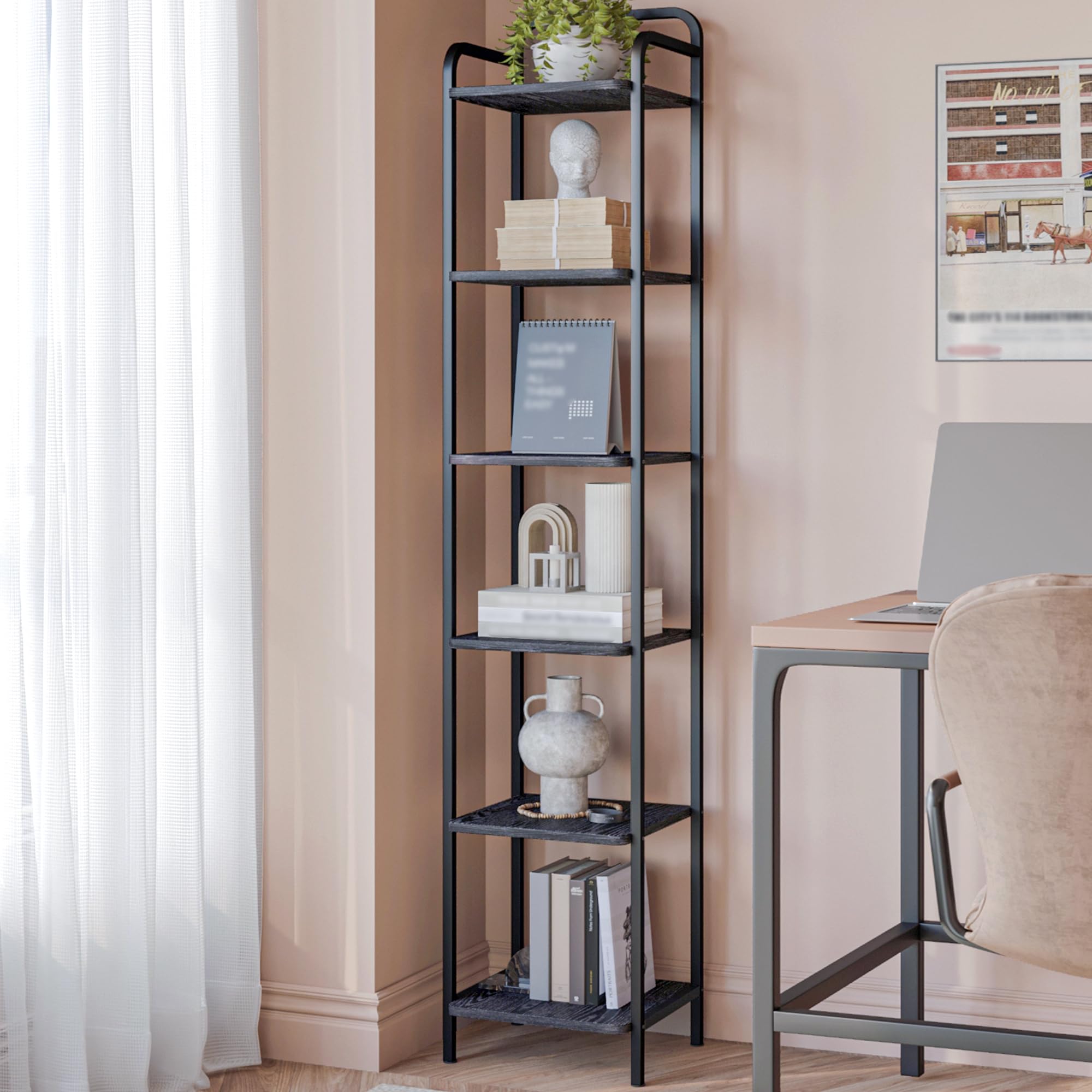 Hzuaneri Bookcase Bookshelf, Narrow Book Shelf, Industrial Corner Shelf Storage Organizer, Slim Shelving Unit for Home Office, Living Room, Bedroom, Kitchen, 6-Tier Black BC24604B