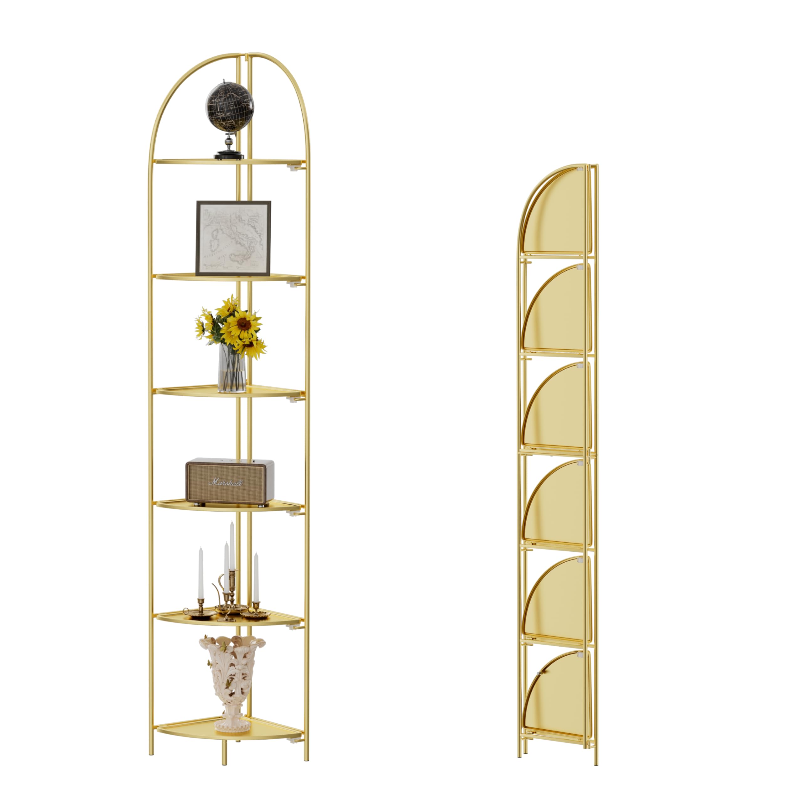 Crofy Foldable 5 Tier Corner Shelf, Metal Corner Plant Stand with Gold Frame and Transparent Shelves, Corner Display Rack Multipurpose Shelving Unit for Living Room, Bedroom, Bathroom