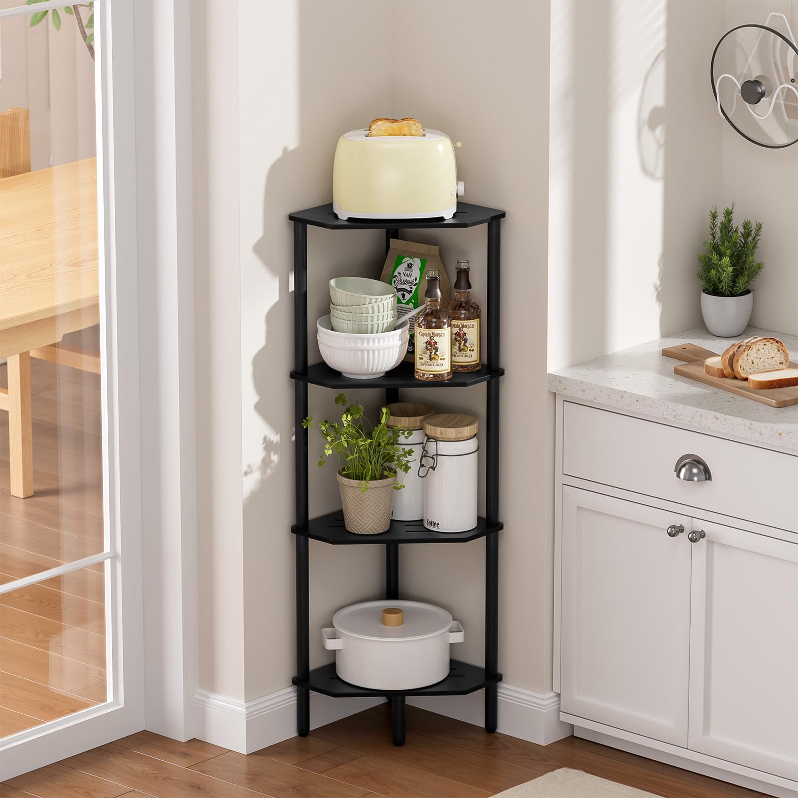 Corner Shelf Stand, 4 Tier Corner Bookshelf, Bamboo Storage Standing Shelf Unit, Tall Storage Plant Stand,Bookcase for Living Room, Home Office, Bedroom, Kitchen, Black