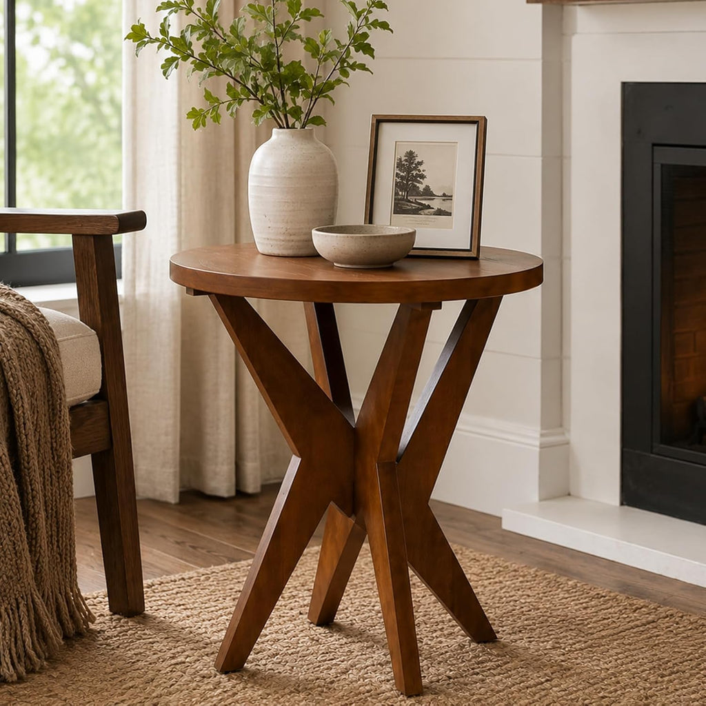 Walnut Brown Farmhouse Side Table, MDF Top for Living Room & Bedroom