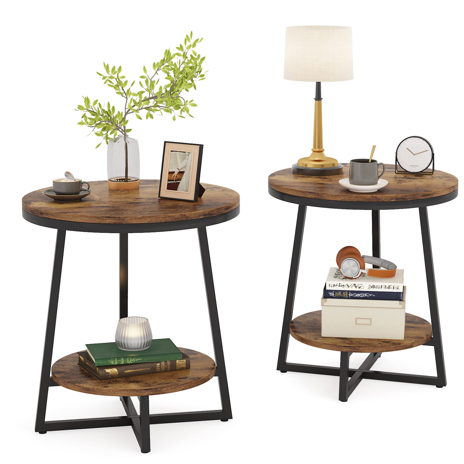 Tribesigns End Table, 2 Tier Round Side Table with Storage Shelf, Industrial Nightstand Bedside Table Coffee Accent Table for Living Room Bedroom Small Space, Rustic Brown