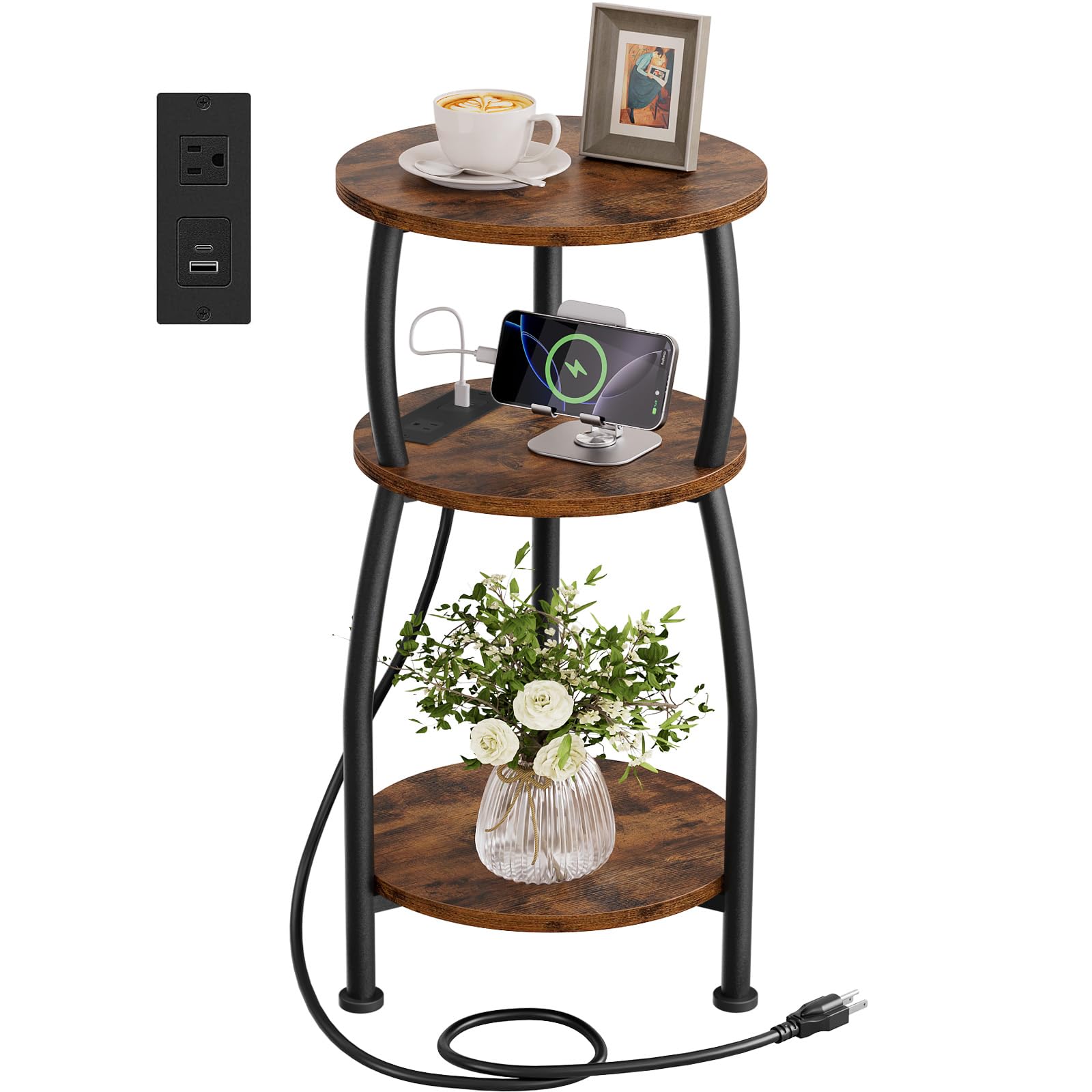 Small Round Side Table, 3-Tier End Table with Storage Shelf, Slim Sofa Table Coffee Table, Sturdy & Easy Assemble Nightstand for Small Spaces, Living Room Bedroom Corner, Grey