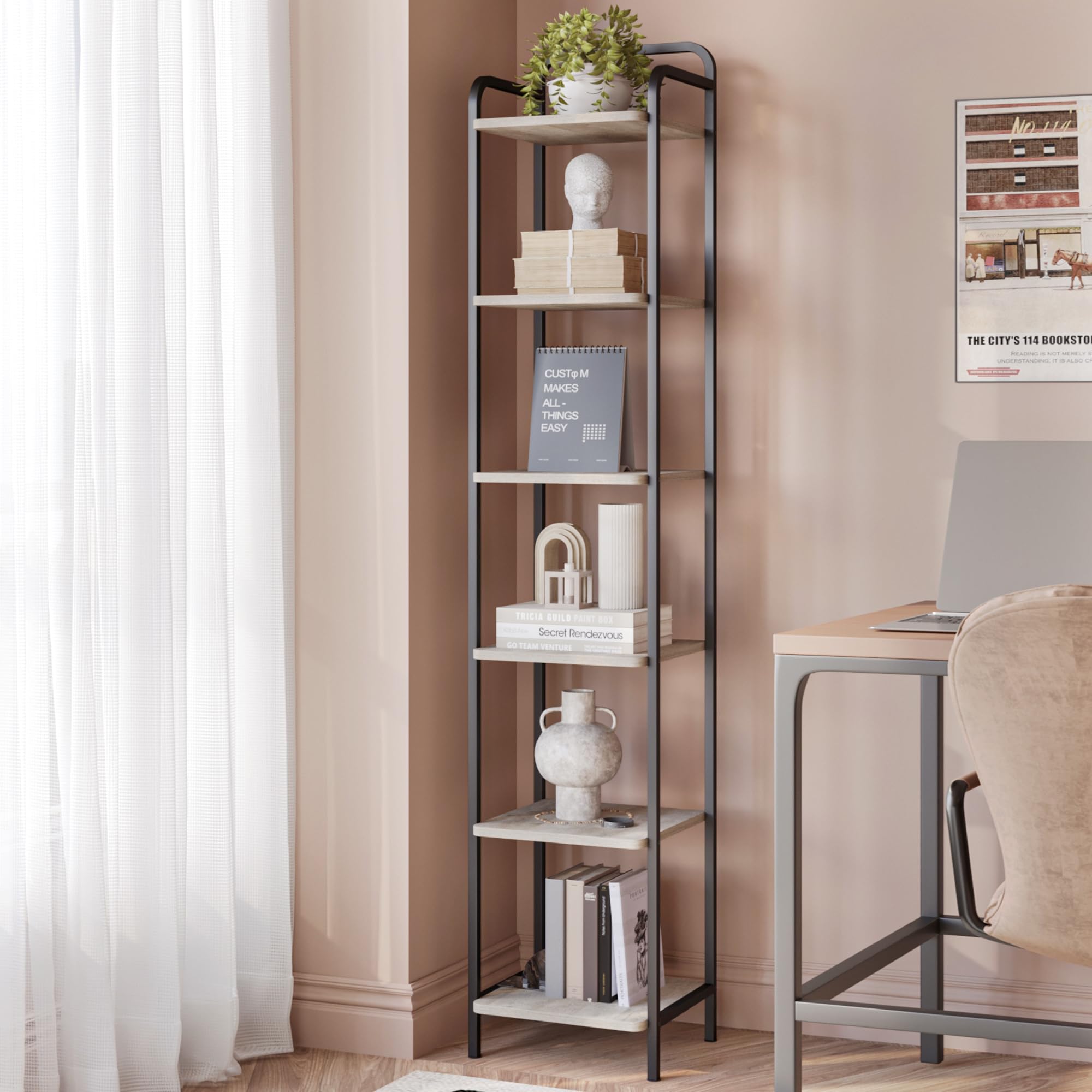 Hzuaneri Bookcase Bookshelf, Narrow Book Shelf, Industrial Corner Shelf Storage Organizer, Slim Shelving Unit for Home Office, Living Room, Bedroom, Kitchen, 6-Tier Black BC24604B