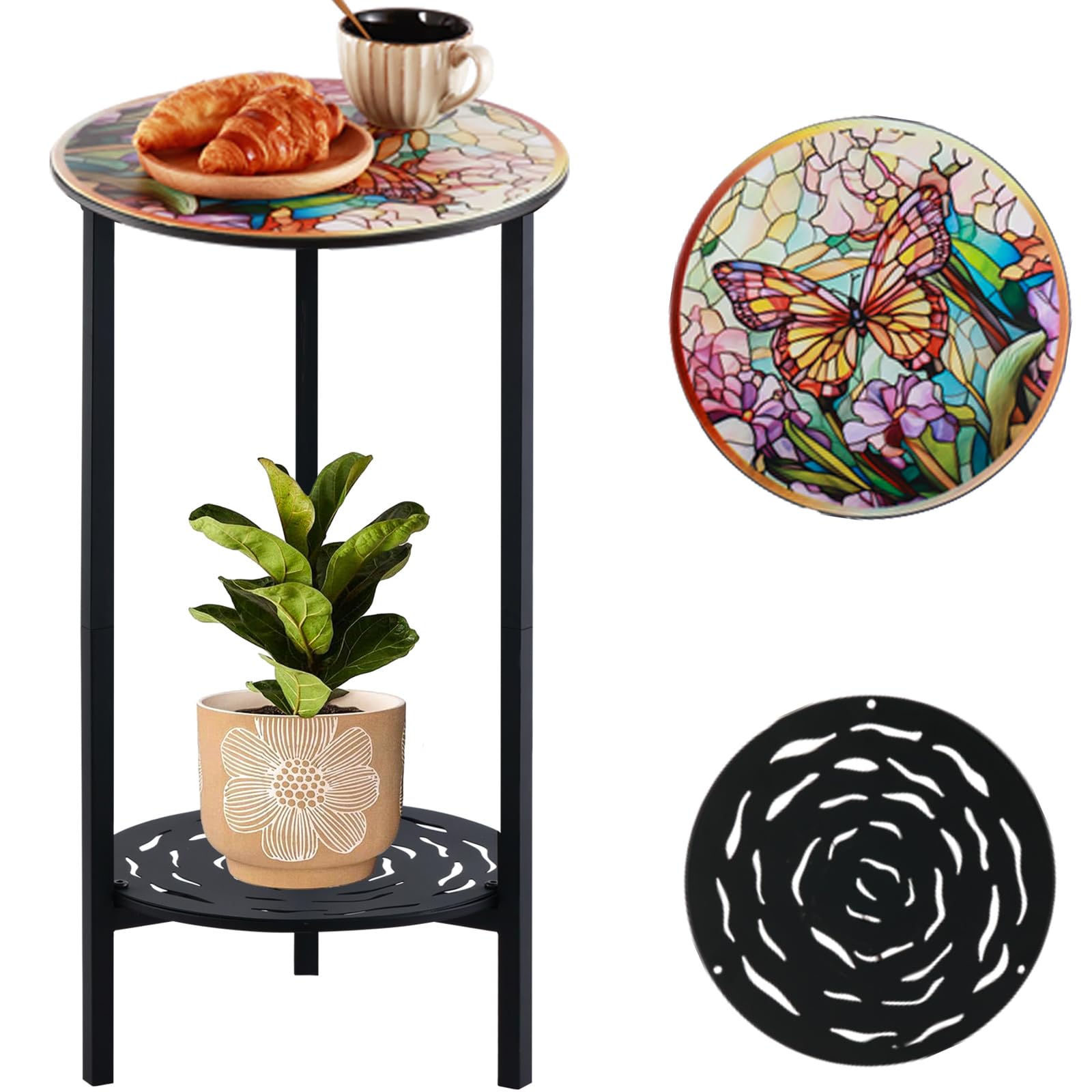 2-Tier Metal Round Side Table Black Accent Coffee Tables Small Space Corner Plant Stand Shelf for Indoor Outdoor Use Patio Balcony End Table Laser-Cut Floral Pattern Weather-Resistant