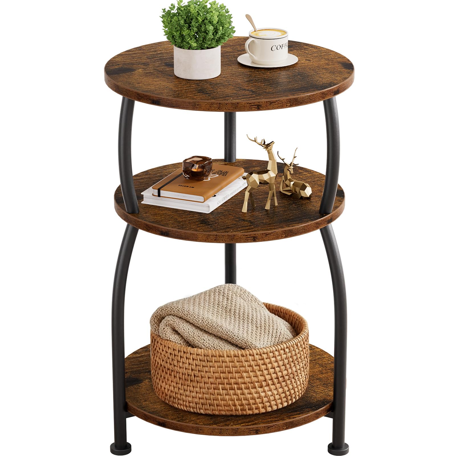 Small Round Side Table, 3-Tier End Table with Storage Shelf, Slim Sofa Table Coffee Table, Sturdy & Easy Assemble Nightstand for Small Spaces, Living Room Bedroom Corner, Grey