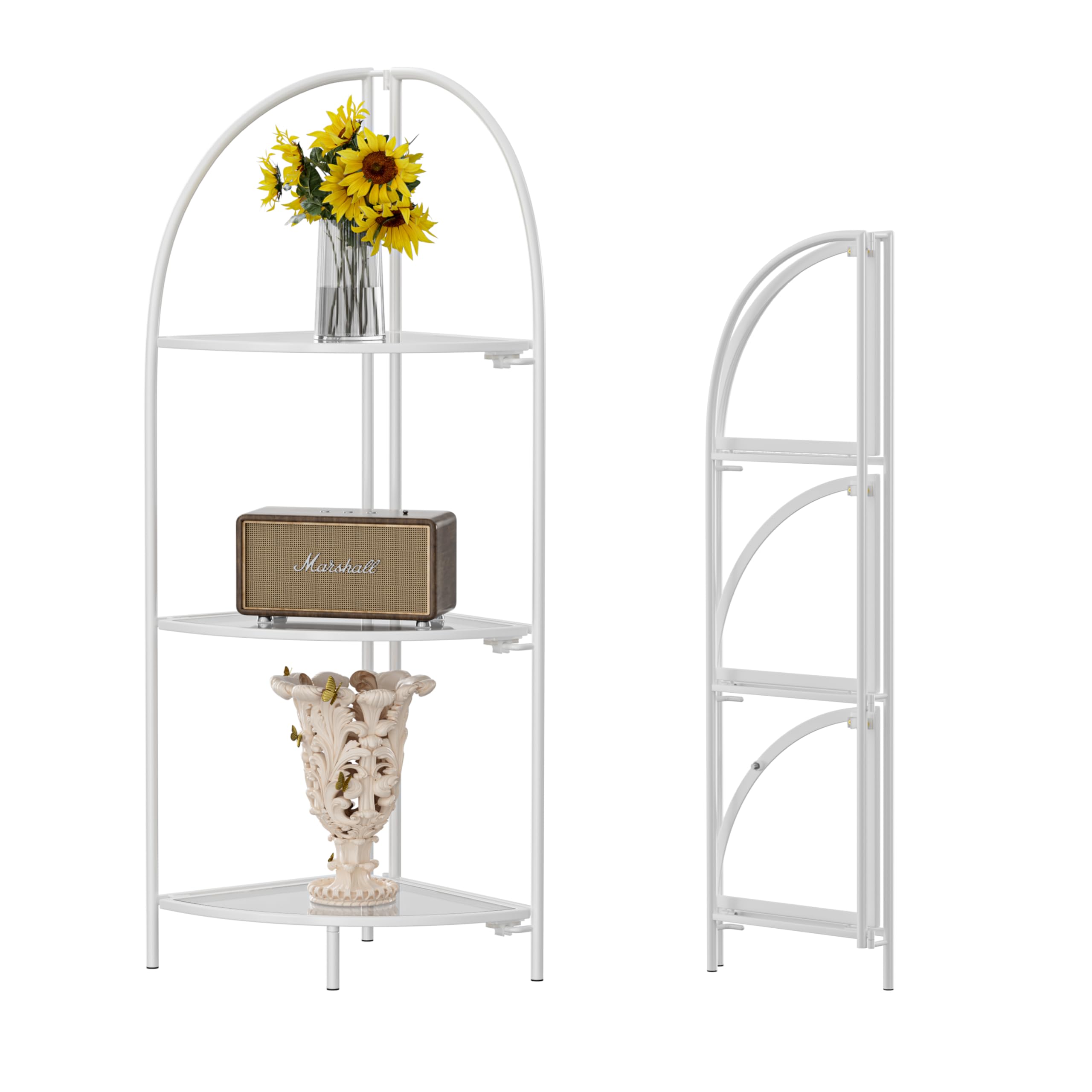 Crofy Foldable 5 Tier Corner Shelf, Metal Corner Plant Stand with Gold Frame and Transparent Shelves, Corner Display Rack Multipurpose Shelving Unit for Living Room, Bedroom, Bathroom