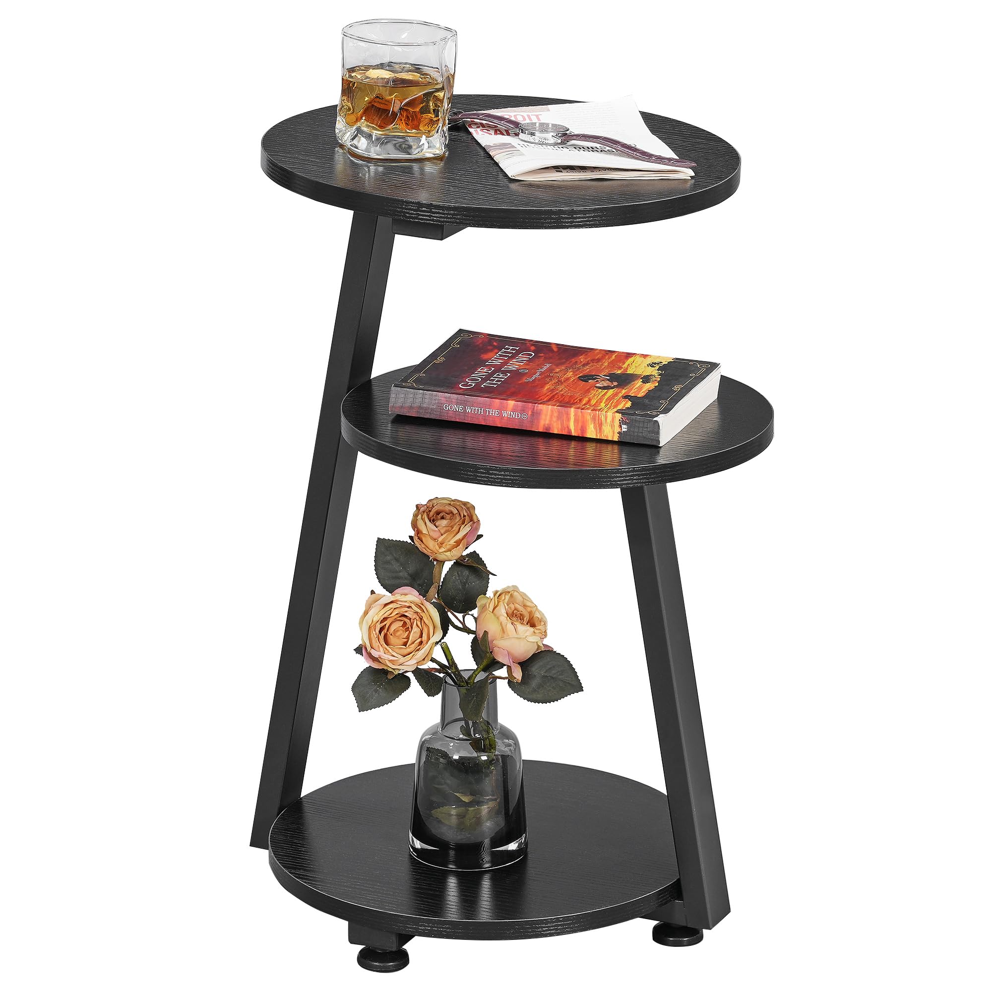 BEWISHOME Round End Table Side Table with Metal Frame, Accent Table Nightstand Bedside Table with 3-Tier Shelves, Small Couch Coffee Table for Living Room Bedroom Greige KTZ41G