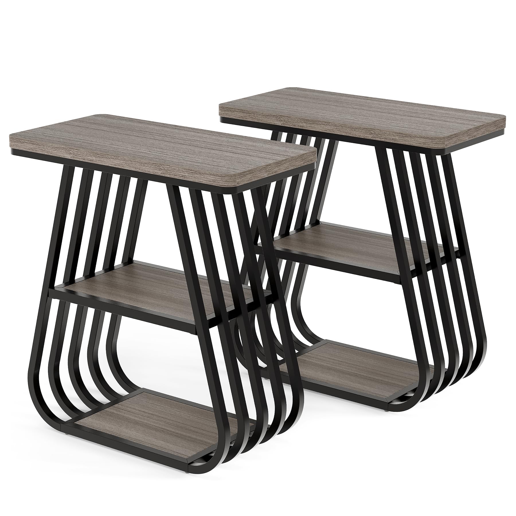 LITTLE TREE End Table for Living Room, 3-Tier Side Table for Small Spaces, Industrial Narrow Side Table with Storage Shelf in Oak Brown and Black (Set of 2)