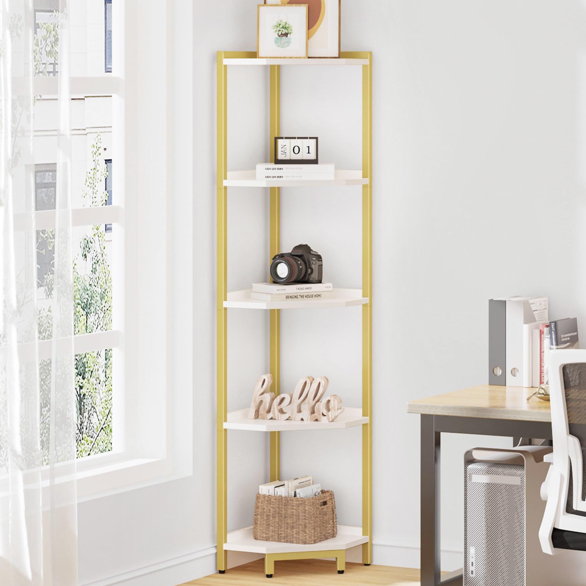 Hzuaneri Corner Shelf Stand, Corner Bookshelf, Storage Standing Shelf Unit with Metal Frame, Plant Stand, Bookcase for Living Room, Home Office, Bedroom, 6-Tier Rustic Brown CS06001B