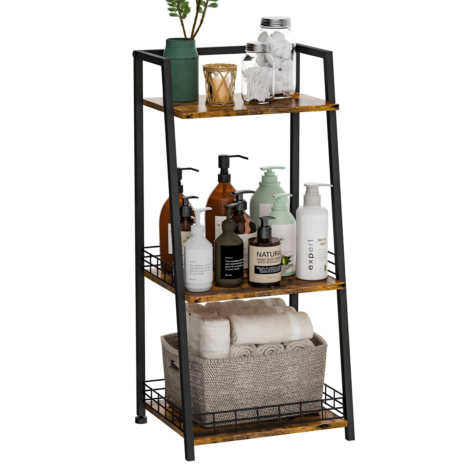 keomaisyto 3-Tier Narrow Bathroom Shelves with Drawer, Bathroom Organizers and Storage, Open Floor Ladder Shelf, Freestanding Tower Slim Standing Unit for Small Spaces - Rustic Brown