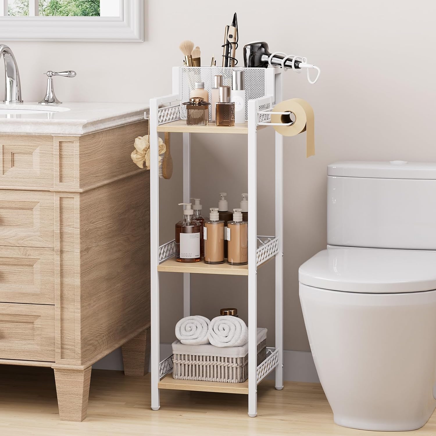 Slim Bathroom Storage Shelf Unit, 3 Tier Corner Storage, Rustic Makeup Organizer, Space-Saving Floor Standing Storage Shelves for Bathroom, Vanity,Kitchen, Laundry 9.85in Matte White