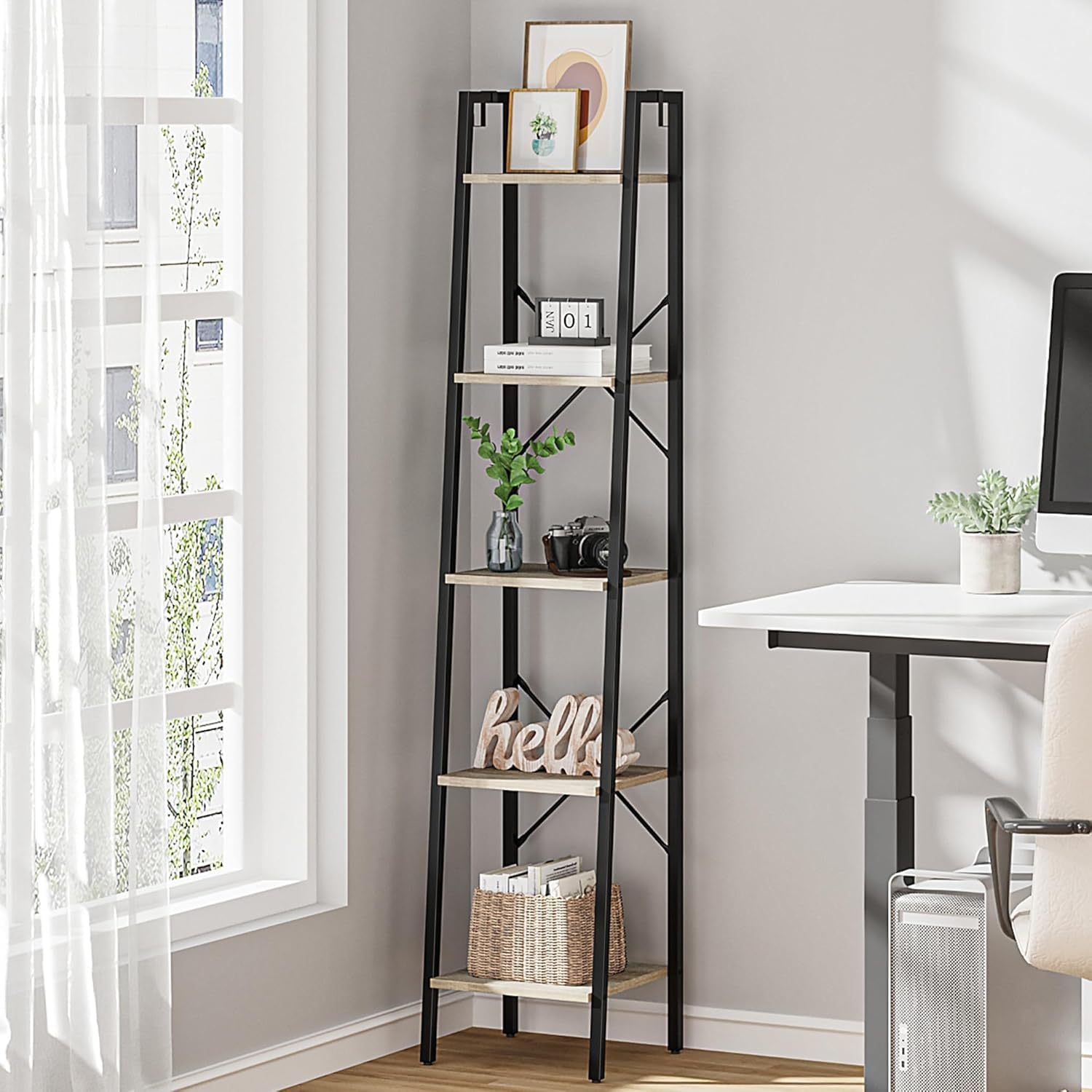 Hzuaneri Ladder Shelf, Bookshelf Bookcase, Freestanding Corner Storage Shelve with 2 Hooks for Home Office, Living Room, Kitchen, Bedroom, Industrial, 11.8" D x 13.4" W x 72.8" H,White Gold BC13313G