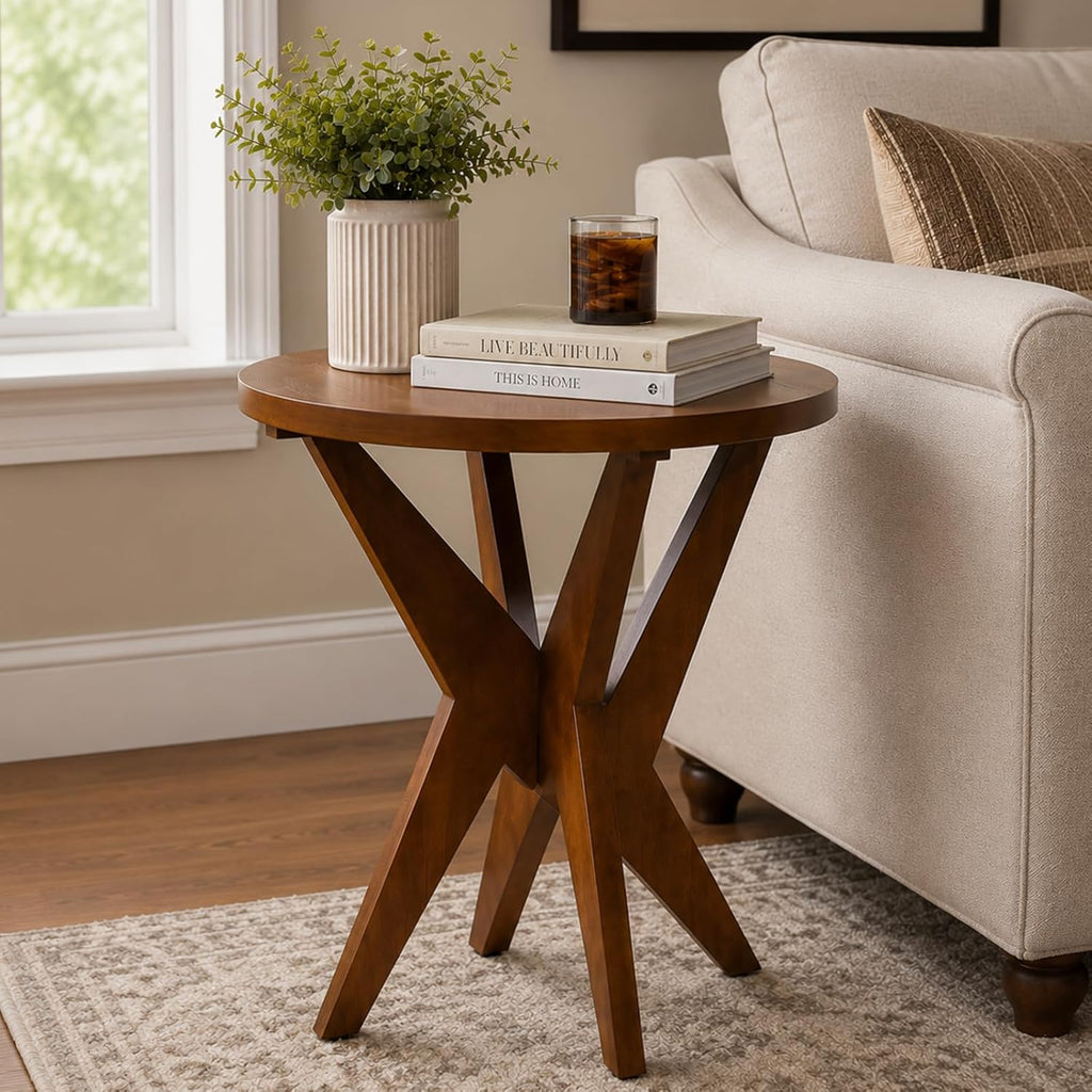 Walnut Brown Farmhouse Side Table, MDF Top for Living Room & Bedroom