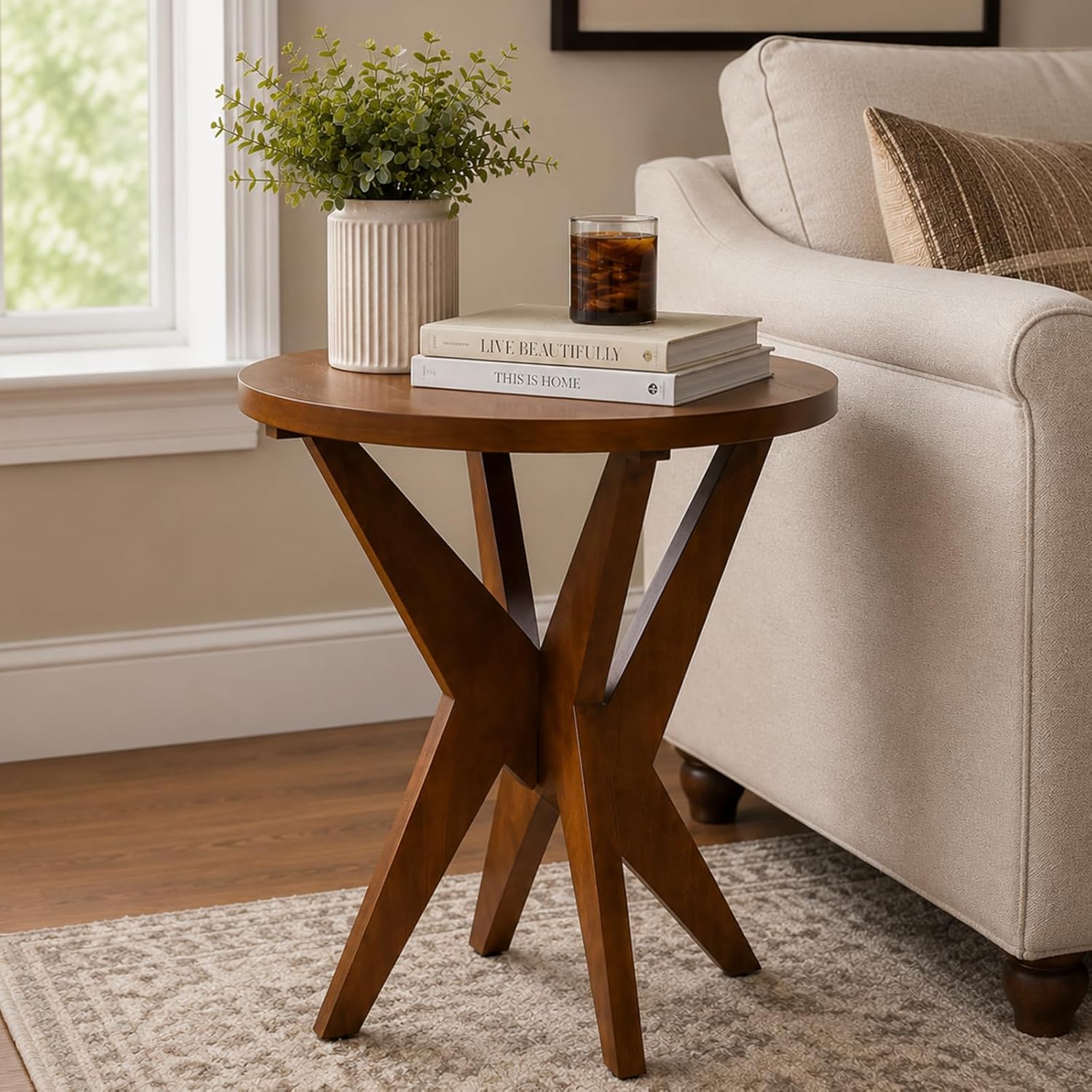 Walnut Brown Farmhouse Side Table, MDF Top for Living Room & Bedroom