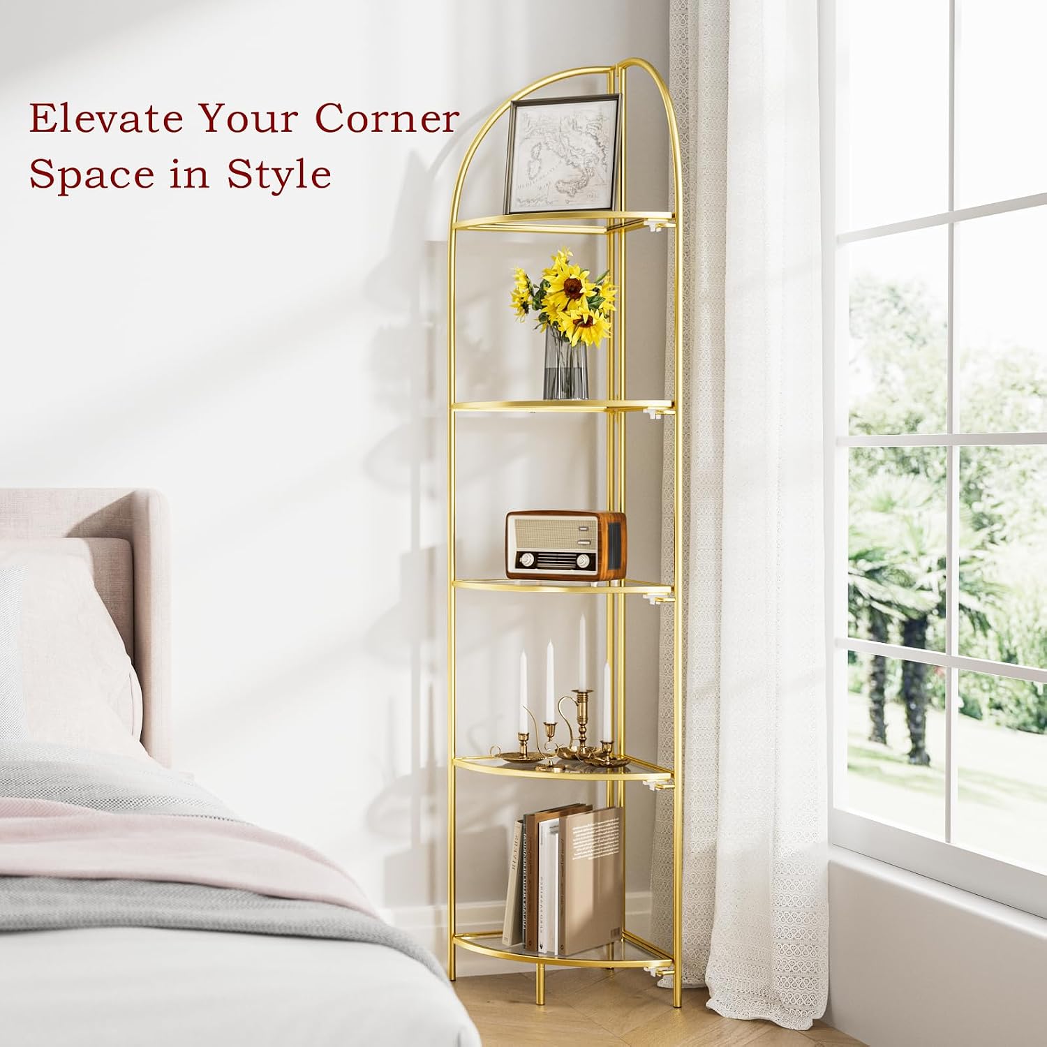 Crofy Foldable 5 Tier Corner Shelf, Metal Corner Plant Stand with Gold Frame and Transparent Shelves, Corner Display Rack Multipurpose Shelving Unit for Living Room, Bedroom, Bathroom