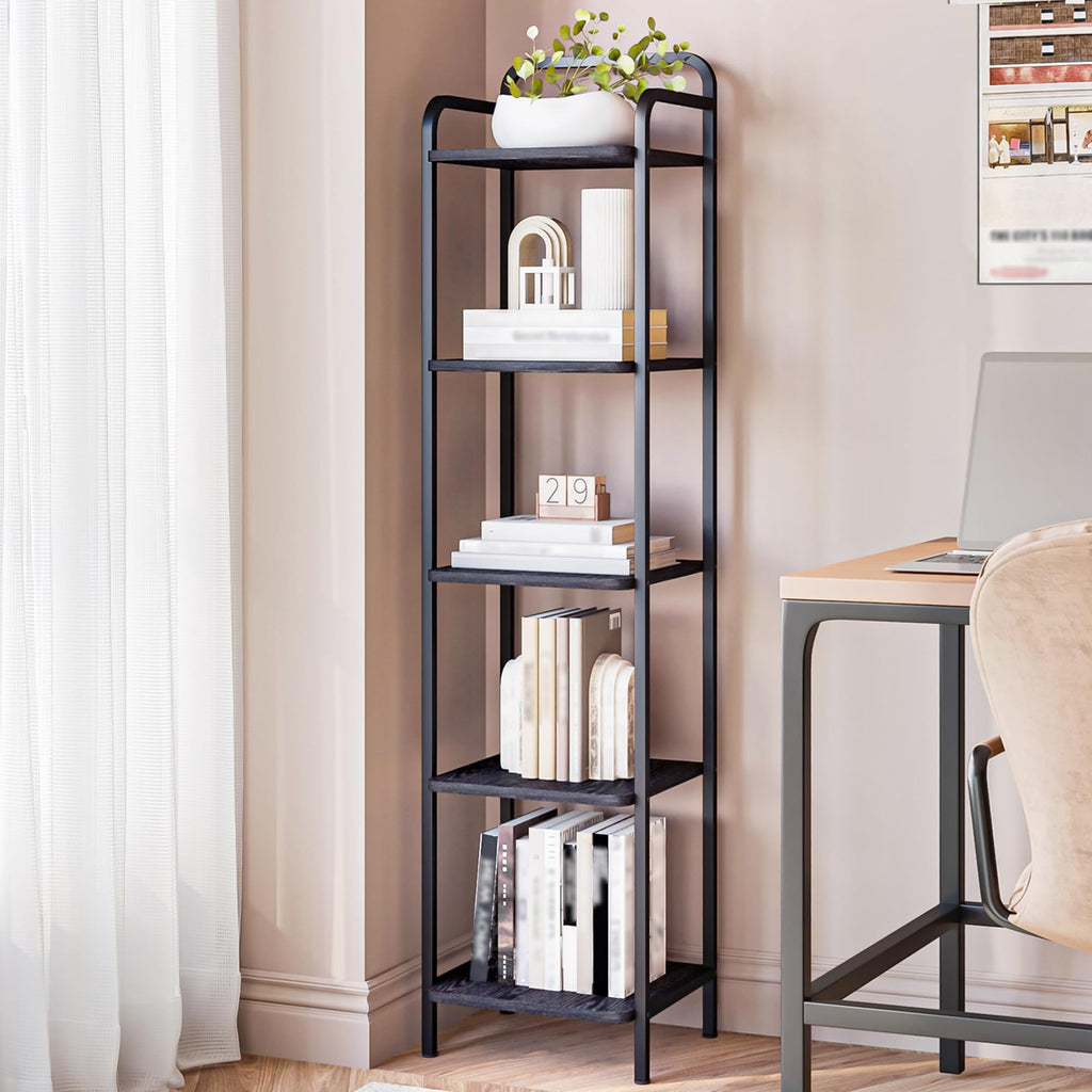 Hzuaneri Bookcase Bookshelf, Narrow Book Shelf, Industrial Corner Shelf Storage Organizer, Slim Shelving Unit for Home Office, Living Room, Bedroom, Kitchen, 6-Tier Black BC24604B