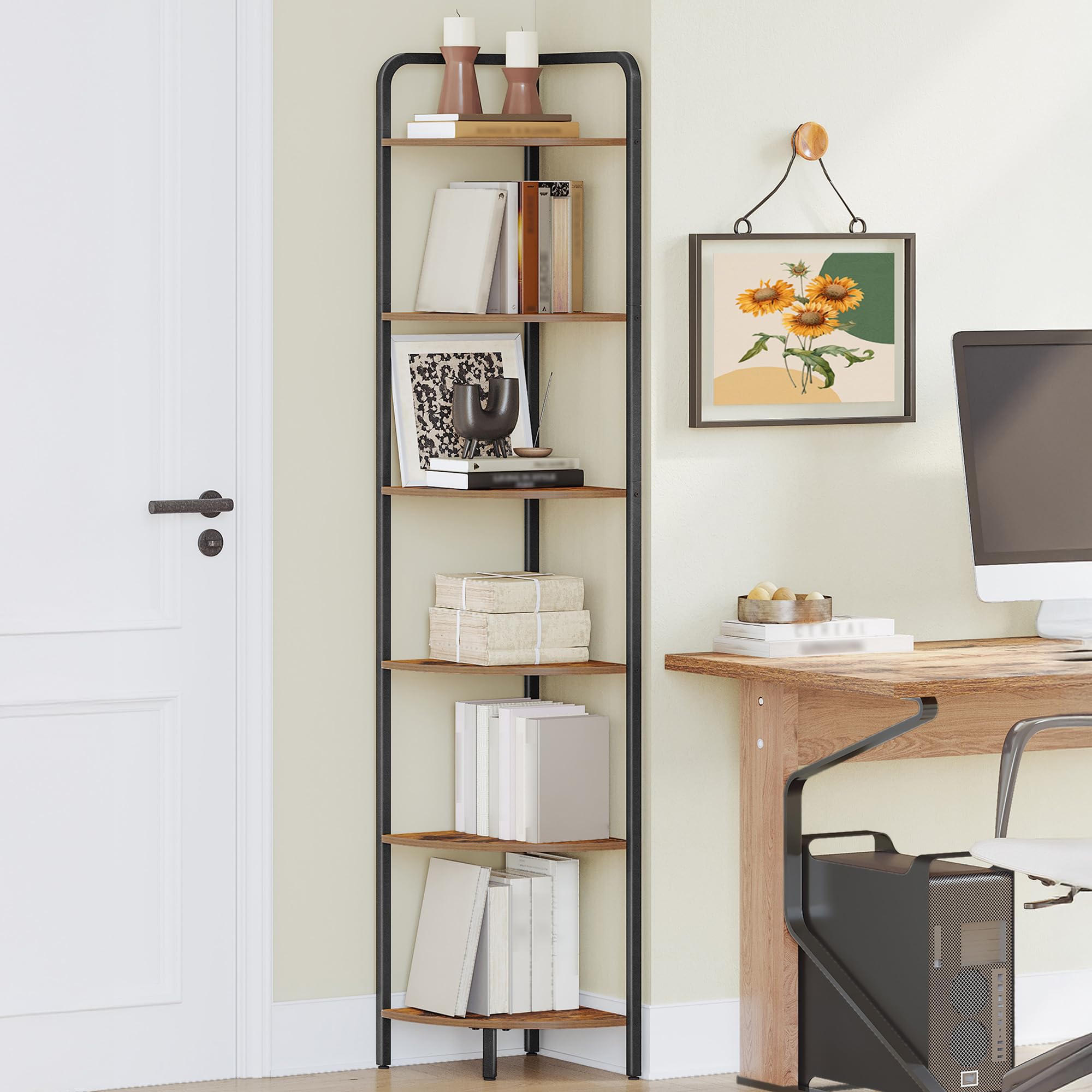 Hzuaneri Corner Shelf Stand, Corner Bookshelf, Plant Shelf, Corner Display Rack, Standing Shelf with Metal Frame for Living Room, Bathroom, Kitchen, Industrial Style, 6 Tier Black CS06604B