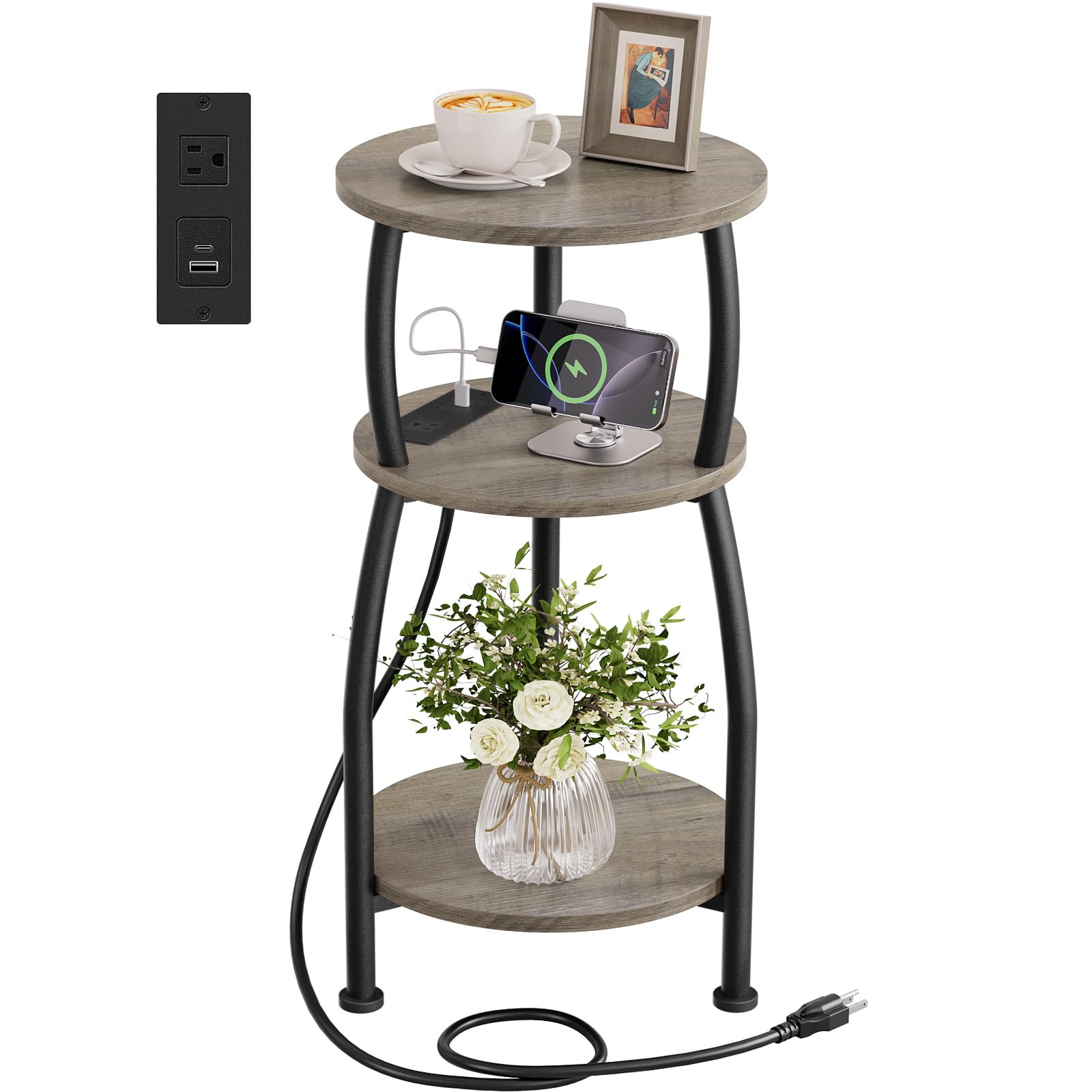 Small Round Side Table, 3-Tier End Table with Storage Shelf, Slim Sofa Table Coffee Table, Sturdy & Easy Assemble Nightstand for Small Spaces, Living Room Bedroom Corner, Grey