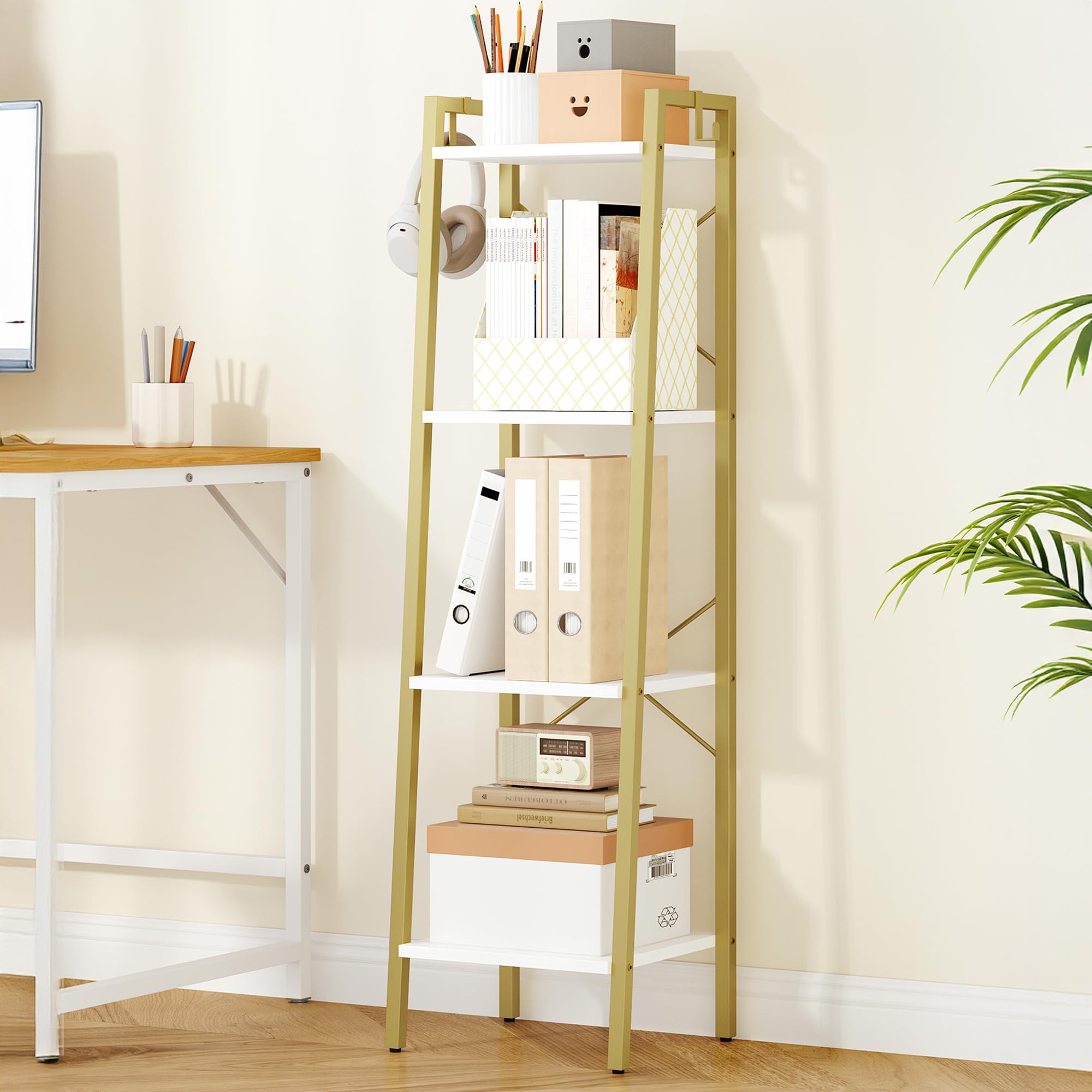 Hzuaneri Ladder Shelf, Bookshelf Bookcase, Freestanding Corner Storage Shelve with 2 Hooks for Home Office, Living Room, Kitchen, Bedroom, Industrial, 11.8" D x 13.4" W x 72.8" H,White Gold BC13313G