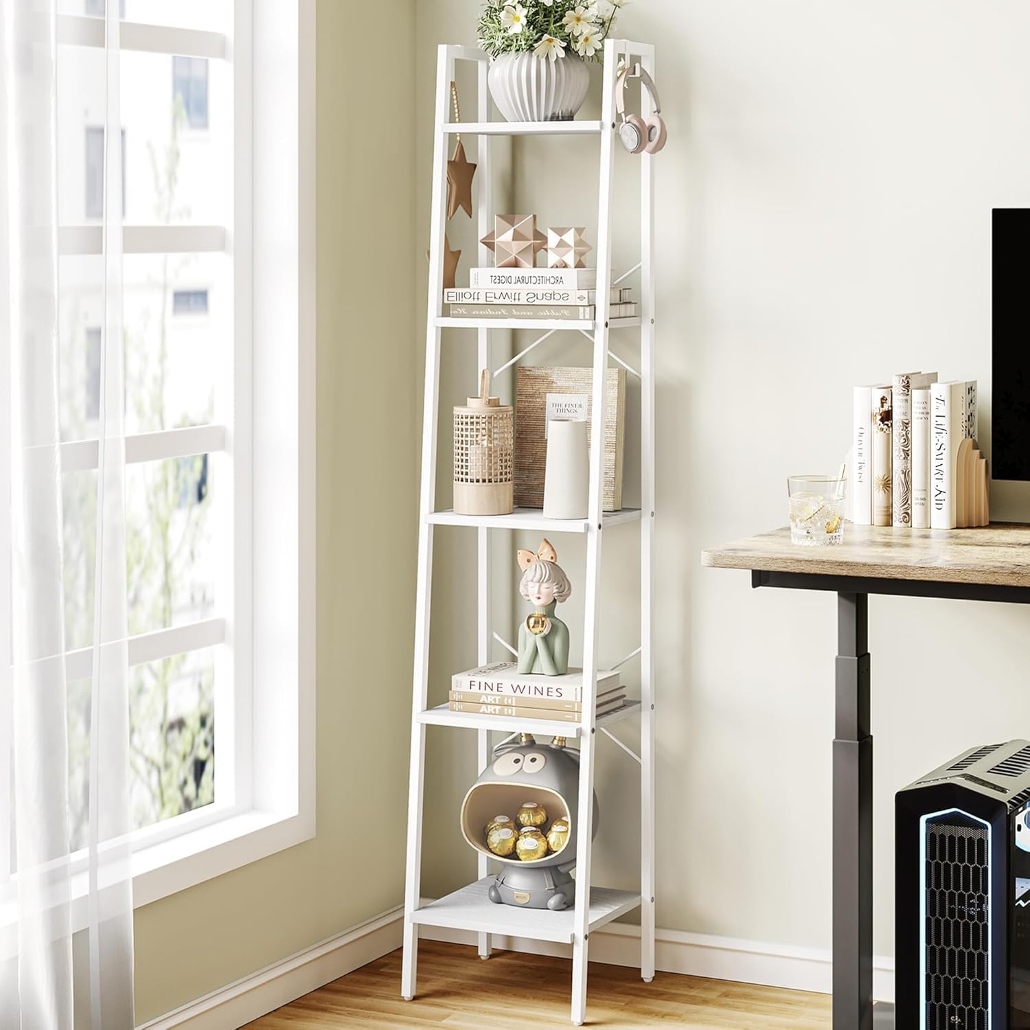 Hzuaneri Ladder Shelf, Bookshelf Bookcase, Freestanding Corner Storage Shelve with 2 Hooks for Home Office, Living Room, Kitchen, Bedroom, Industrial, 11.8" D x 13.4" W x 72.8" H,White Gold BC13313G