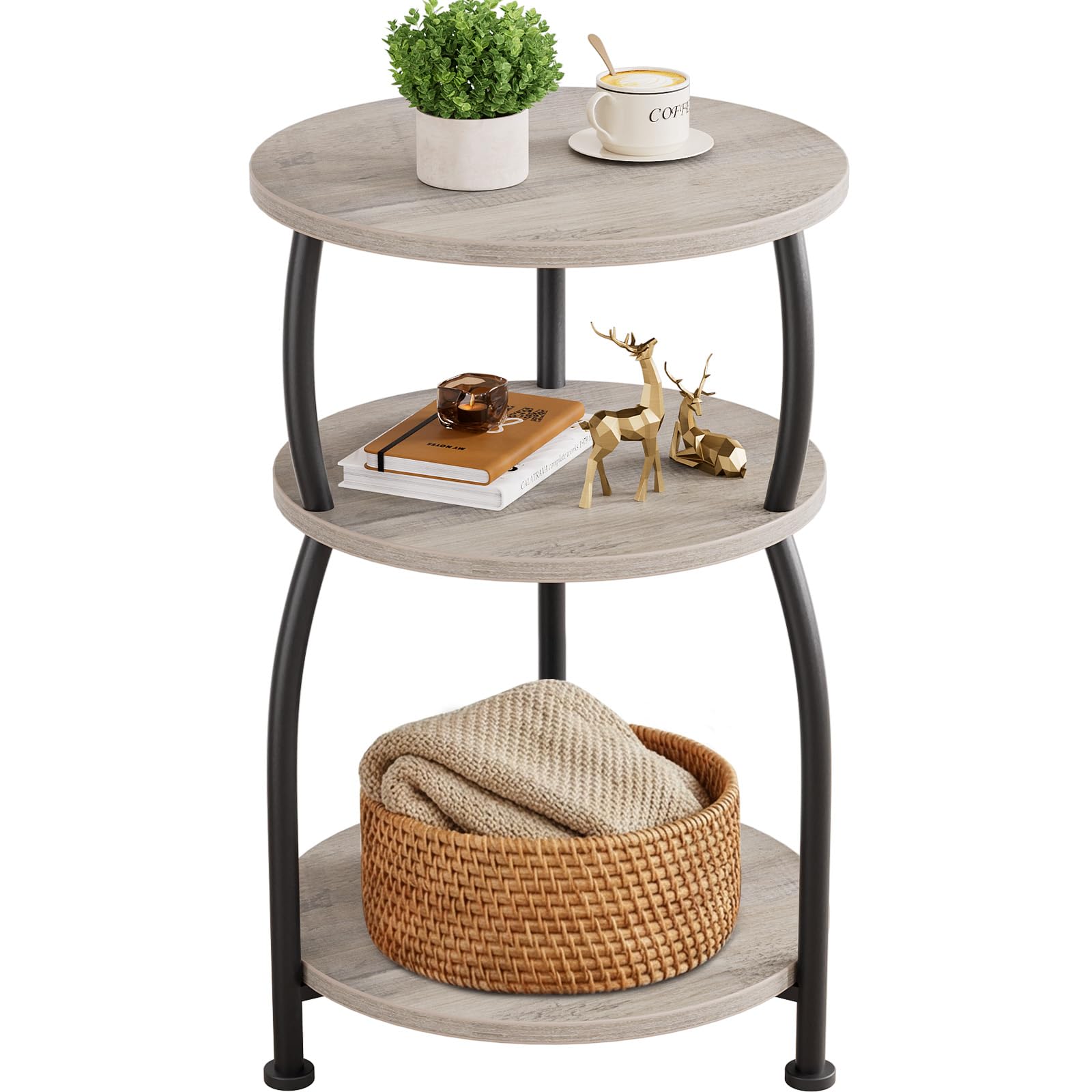 Small Round Side Table, 3-Tier End Table with Storage Shelf, Slim Sofa Table Coffee Table, Sturdy & Easy Assemble Nightstand for Small Spaces, Living Room Bedroom Corner, Grey