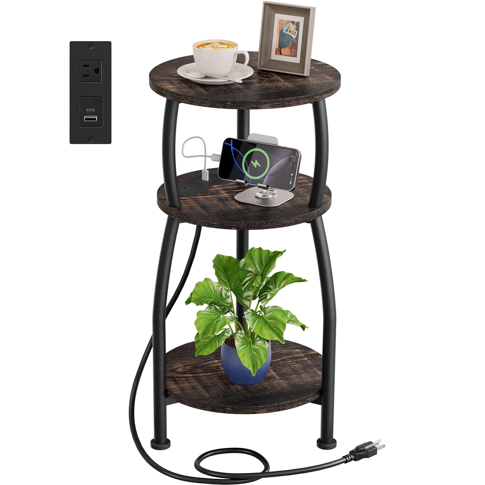 Small Round Side Table, 3-Tier End Table with Storage Shelf, Slim Sofa Table Coffee Table, Sturdy & Easy Assemble Nightstand for Small Spaces, Living Room Bedroom Corner, Grey