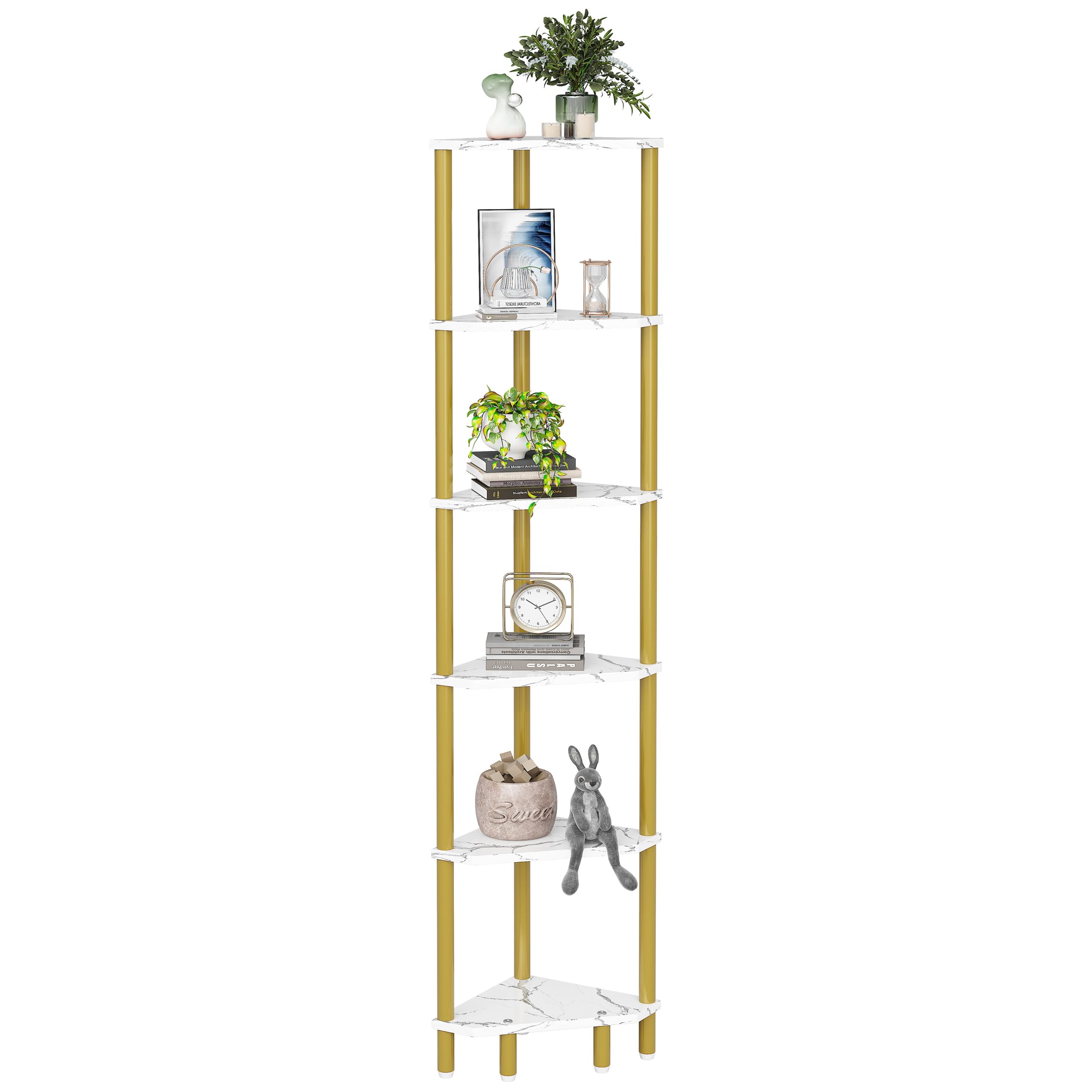 6-Tier Black Corner Shelf, Tall Display Bookshelf & Plant Stand