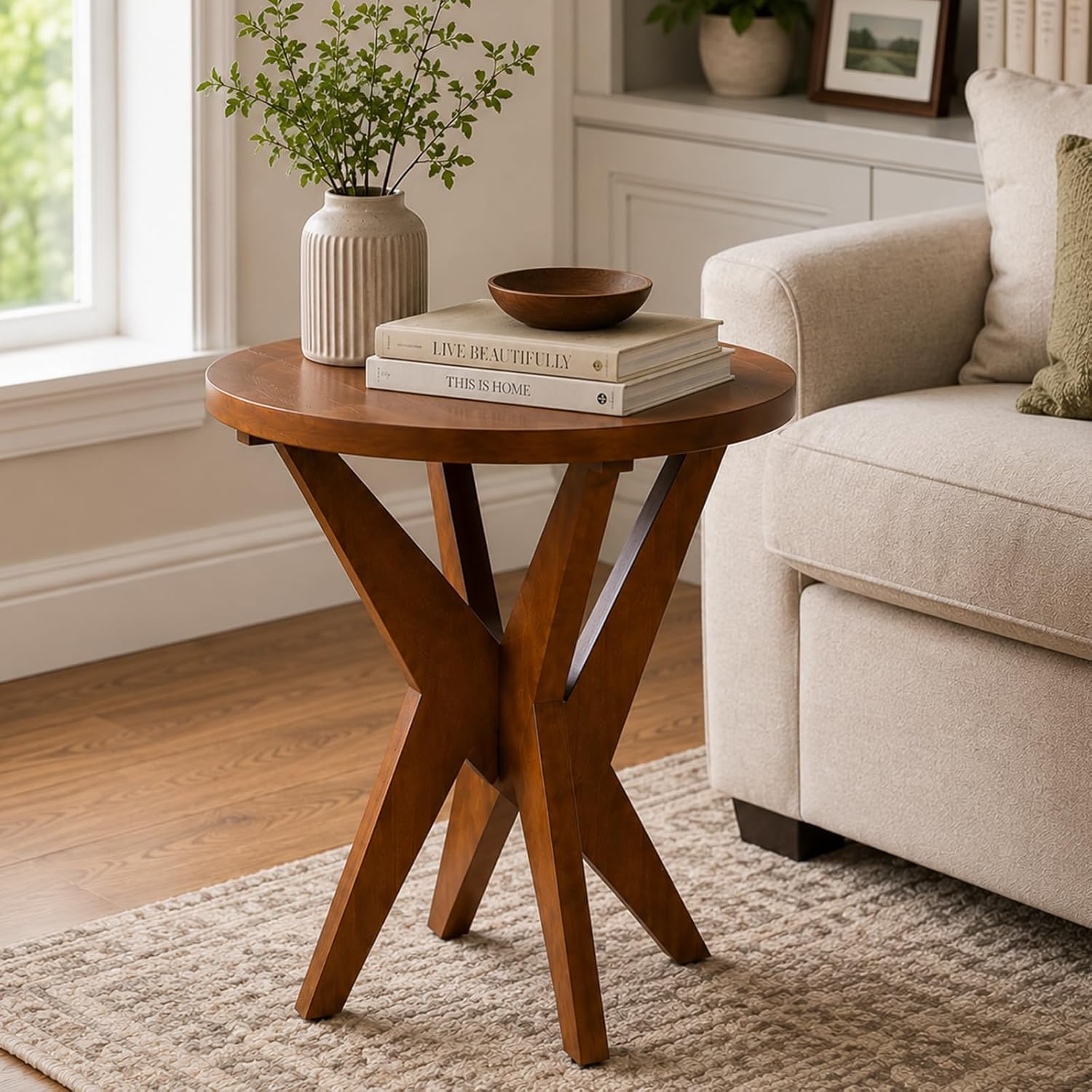 Walnut Brown Farmhouse Side Table, MDF Top for Living Room & Bedroom